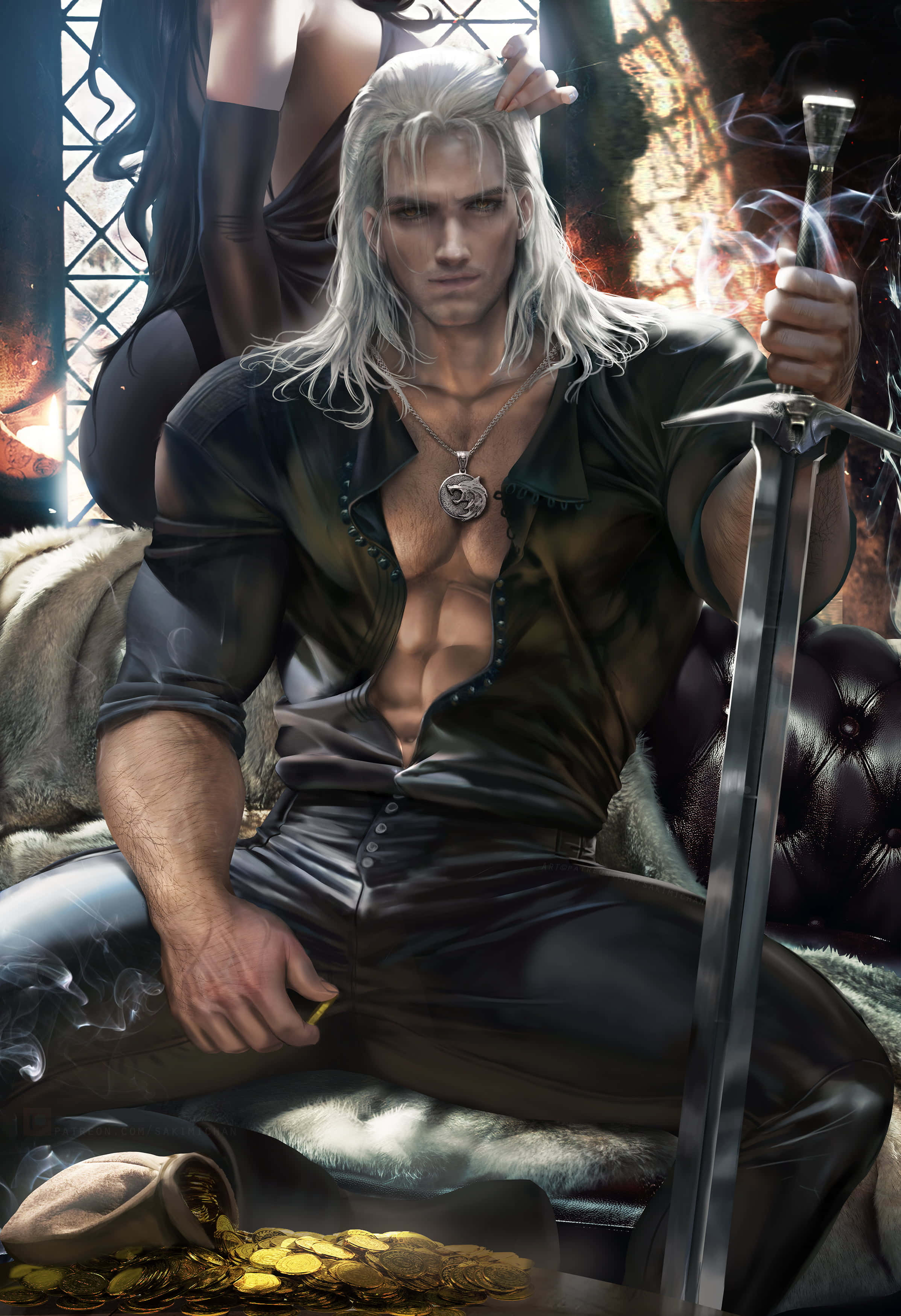 Witcher Sword, white hair, muscular man, 2K Phone Wallpaper