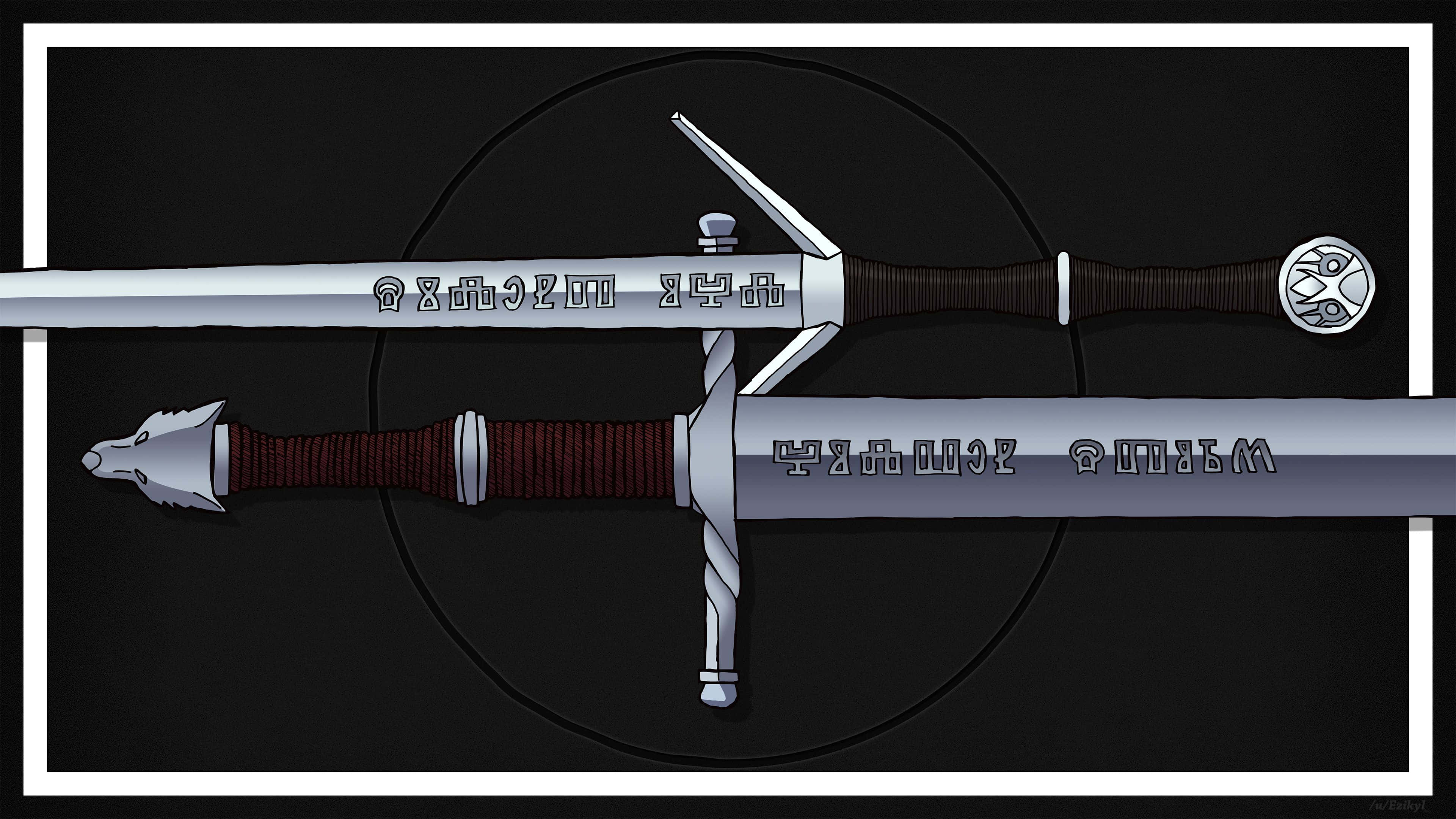 Witcher Sword, runic inscriptions, wolf-head pommels, 4K Desktop Wallpaper