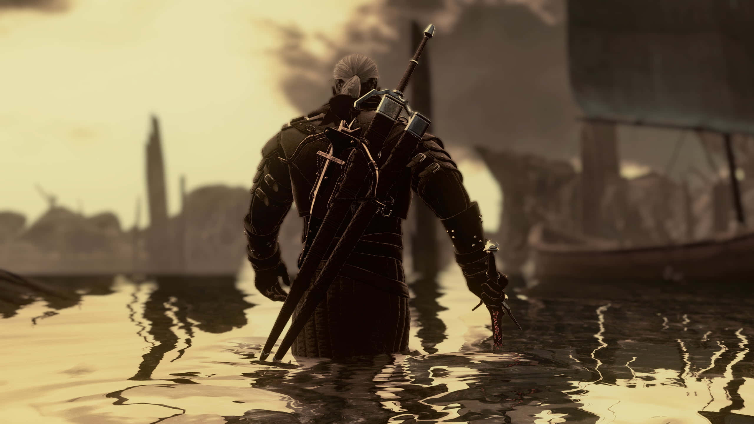 Witcher Sword, tranquil ambience, hazy golden sky, 2K Desktop Wallpaper