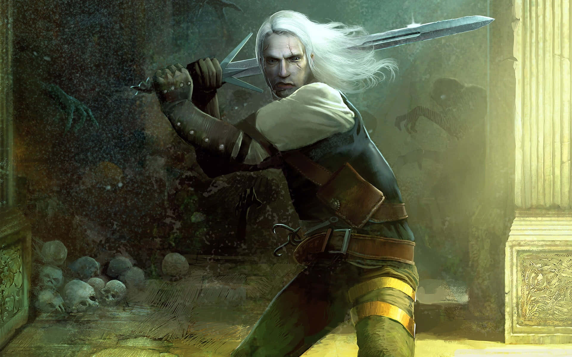 Witcher Sword, white-haired warrior, ancient ruin, Full HD Desktop Wallpaper