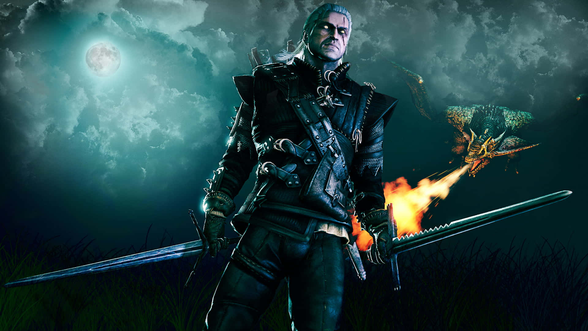 The Witcher, silver hair, moonlit grass, Full HD Desktop Wallpaper