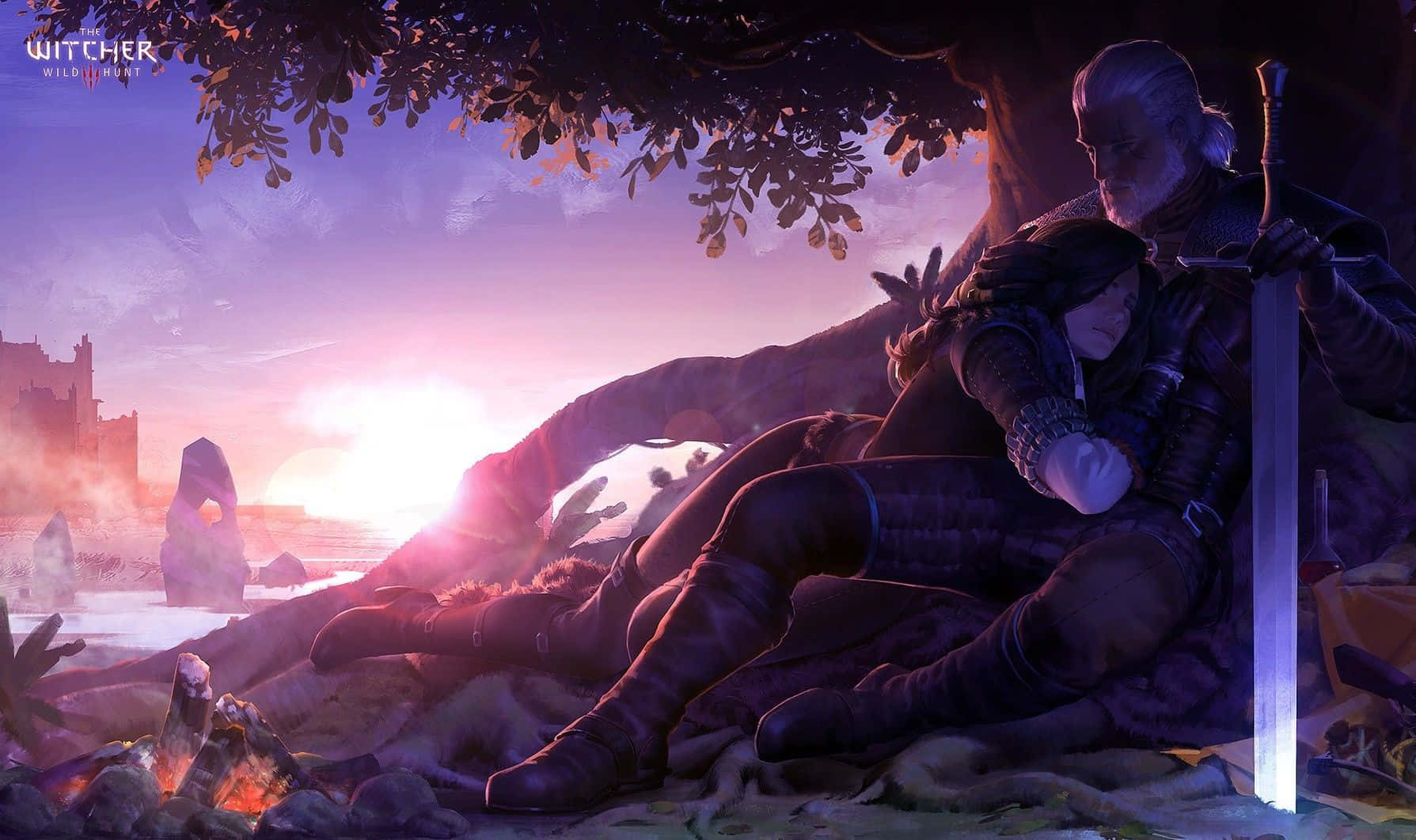 Witcher Sword, white hair, campfire, HD Desktop Wallpaper
