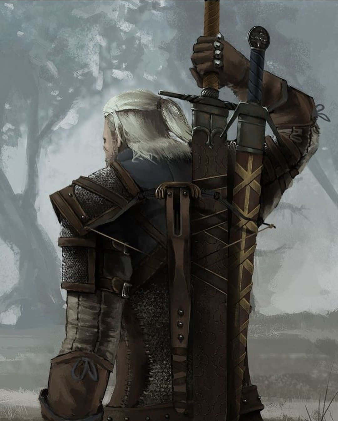 Witcher Sword, white-haired warrior, chainmail and leather armor, HD Phone Wallpaper