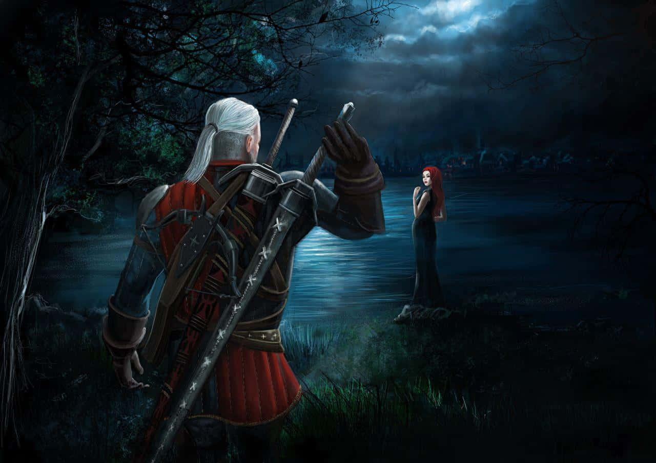 Witcher Sword, moonlit lake, stormy night sky, HD Desktop Wallpaper