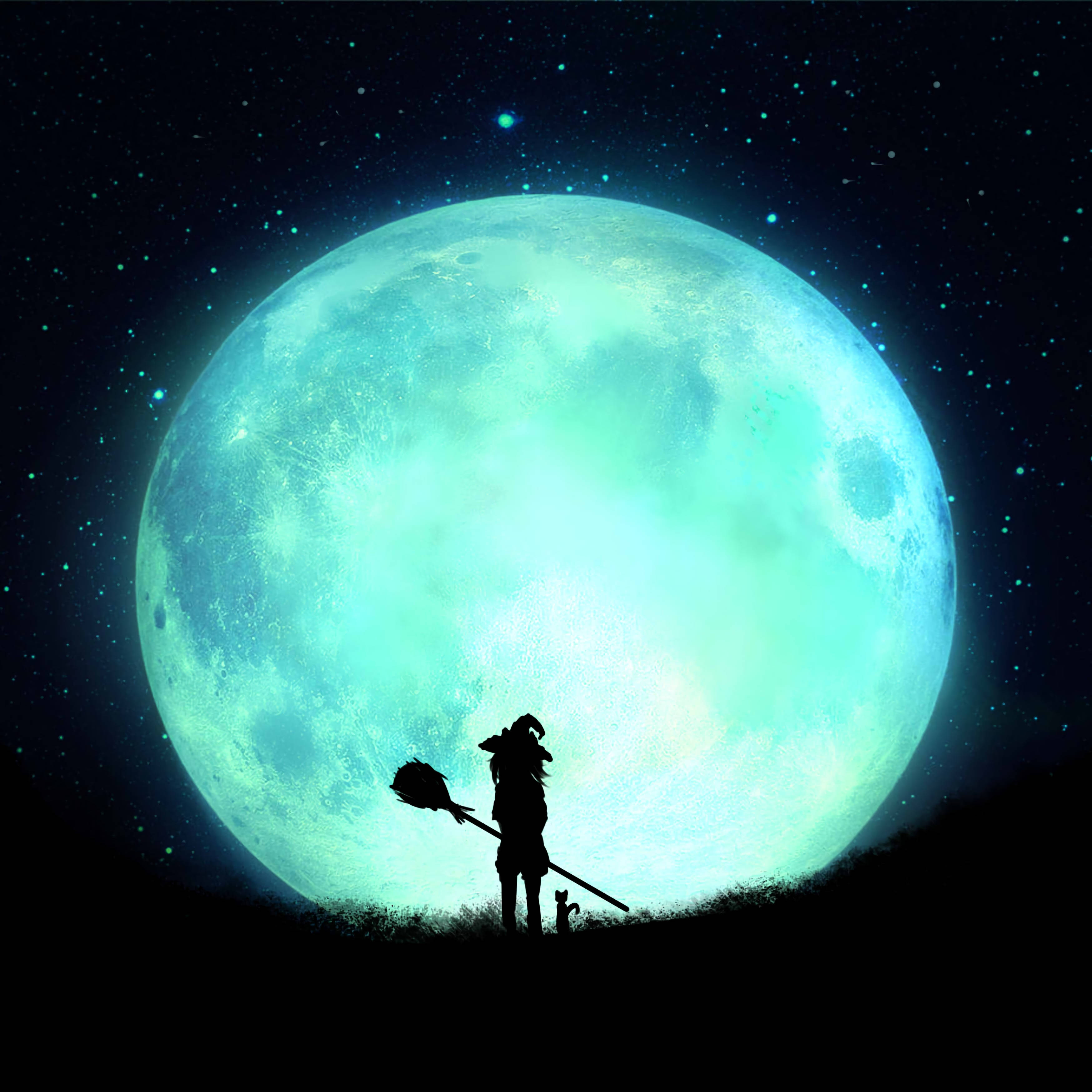 witch silhouette, giant glowing cyan moon, stars, 2K Desktop Wallpaper