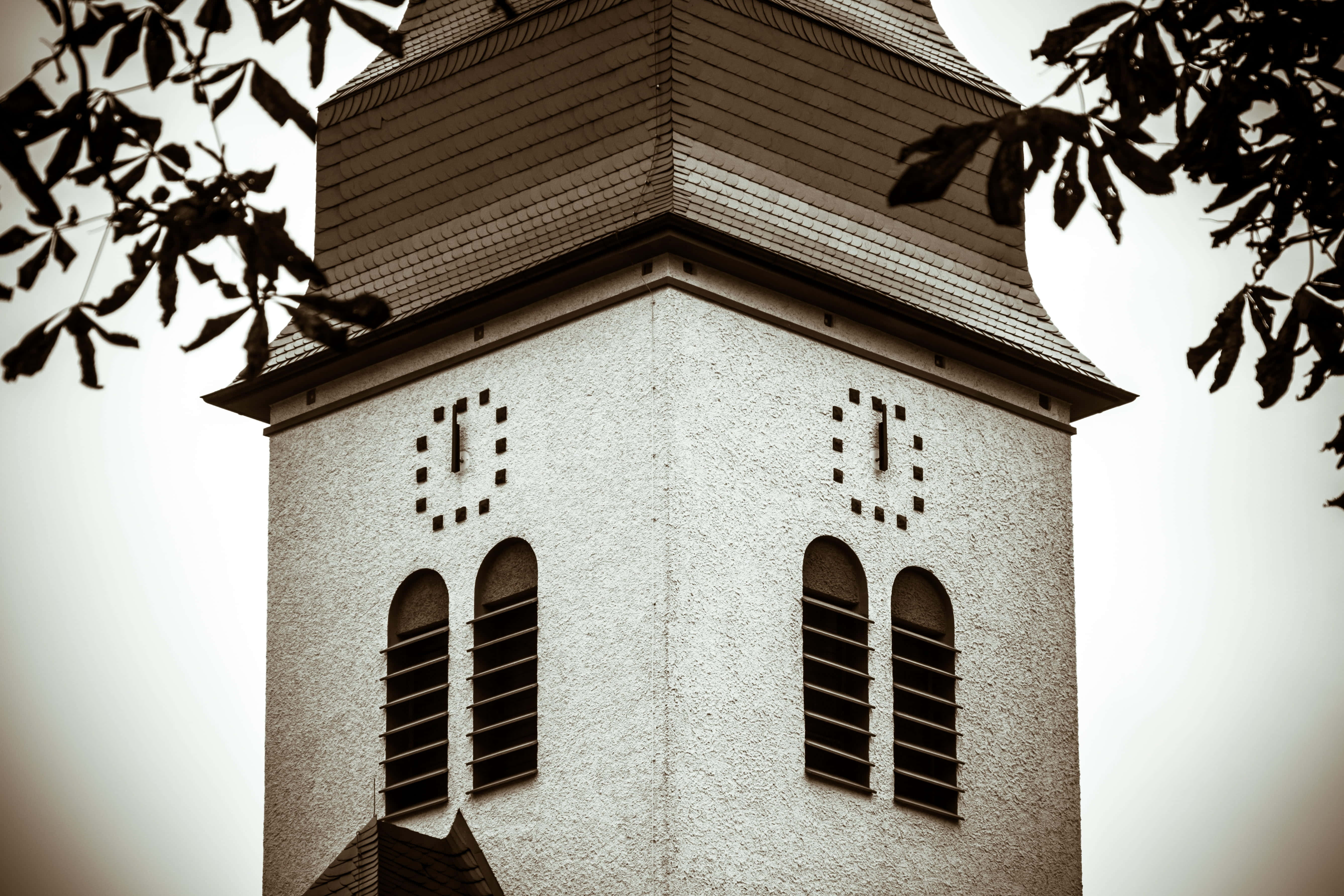 Witching Hour, sepia-toned, textured church tower, 5K Desktop Wallpaper