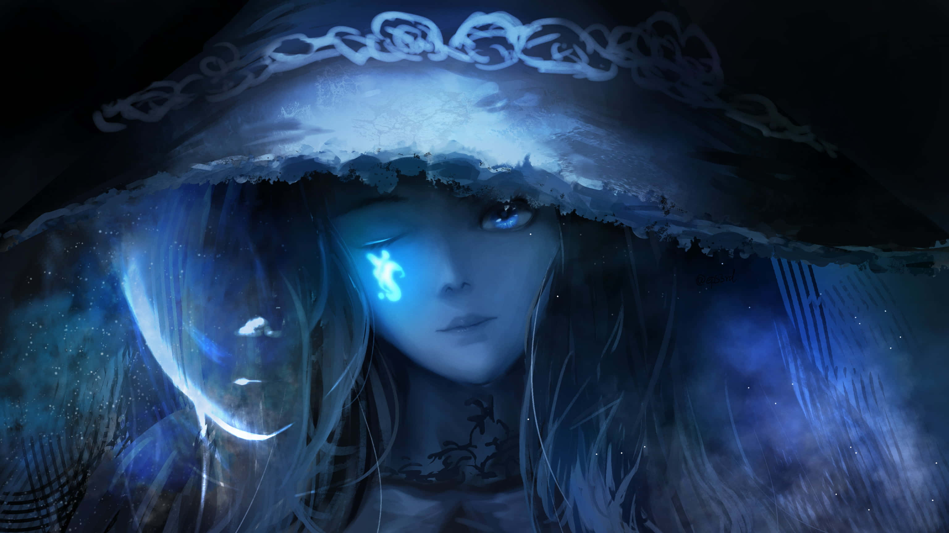 Witching Hour, hooded figure, glowing blue eyes, 2K Desktop Wallpaper