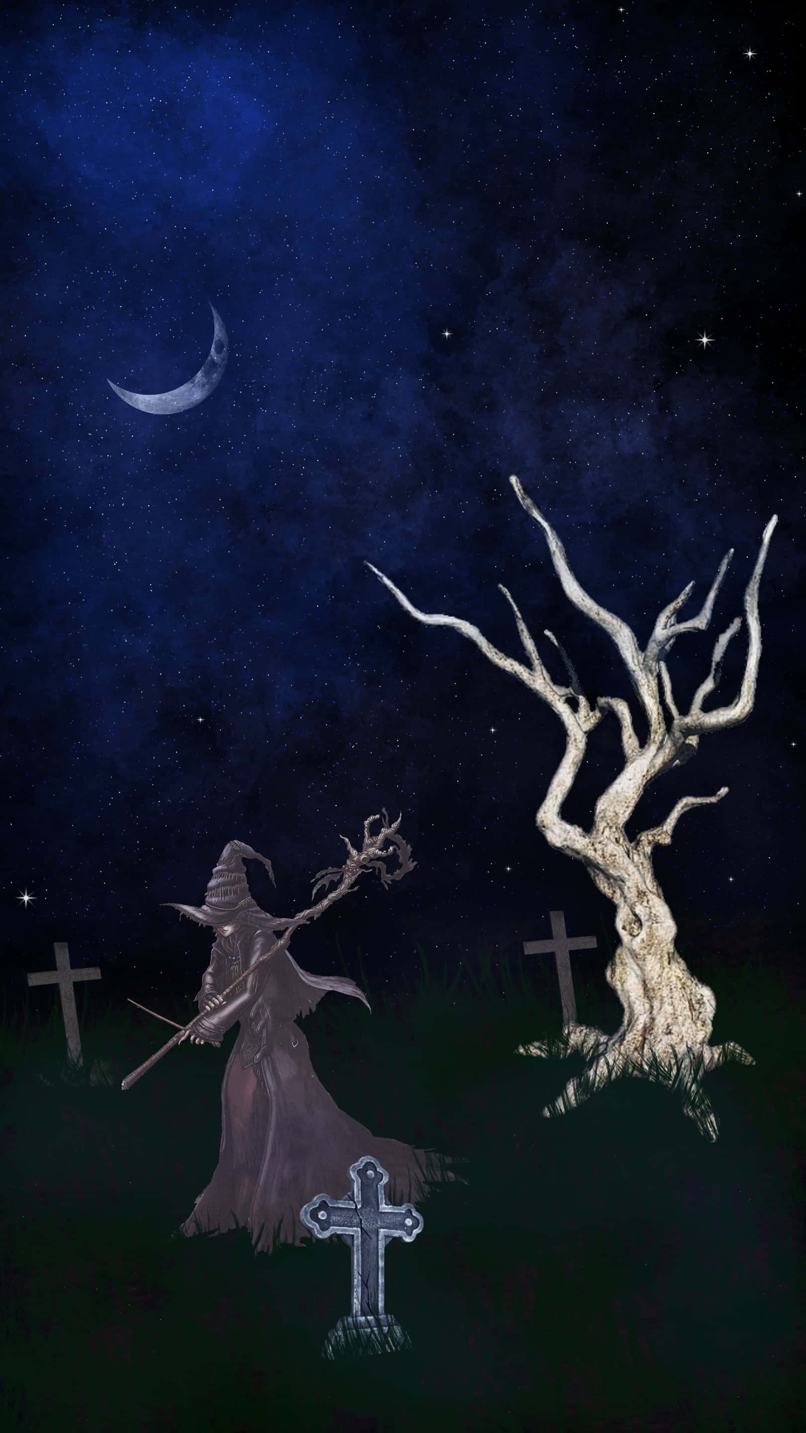 Witching Hour, crescent moon, graveyard, 2K Phone Wallpaper