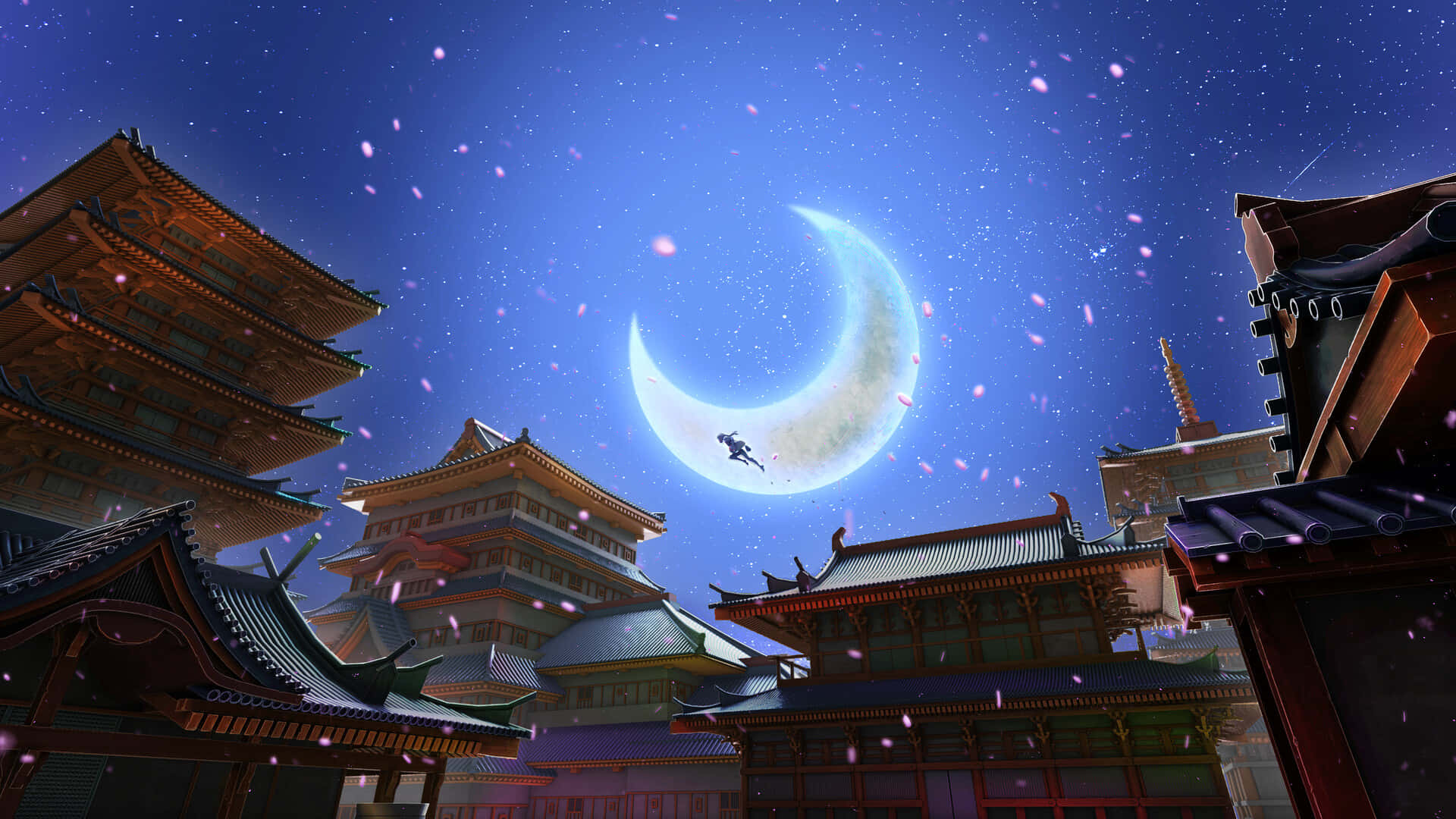 Witching Hour, glowing crescent moon, traditional Japanese temple rooftops, Full HD Desktop Wallpaper