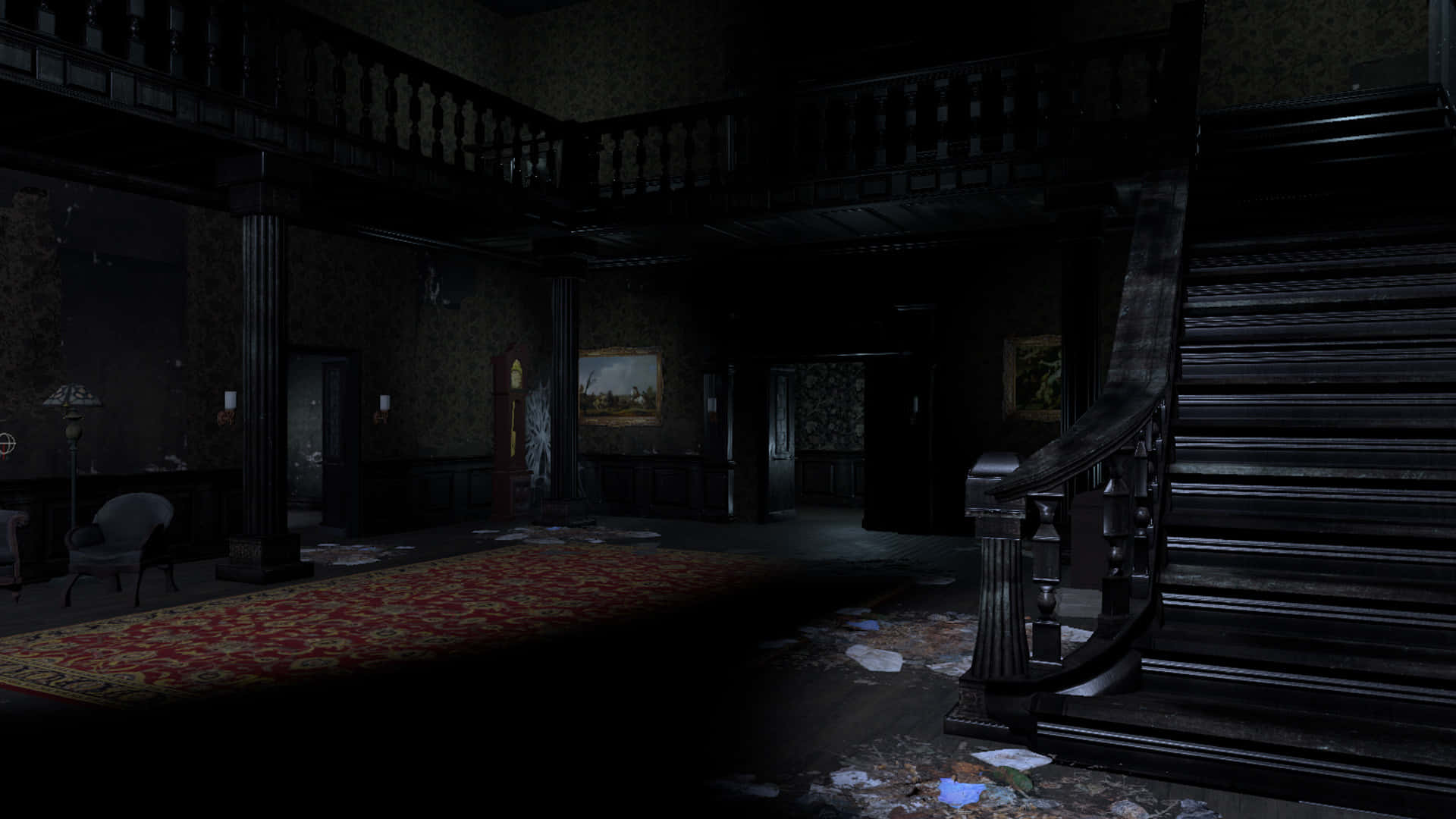 Witching Hour, haunted mansion hallway, grand staircase, Full HD Desktop Wallpaper