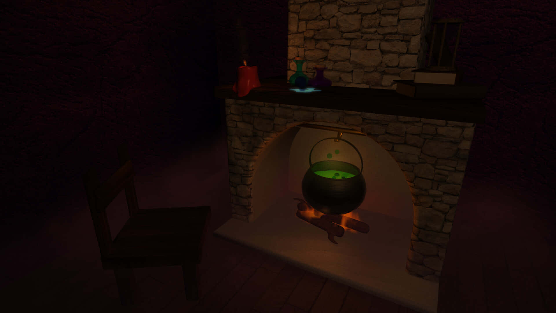 Witching Hour, glowing green cauldron, stone fireplace, Full HD Desktop Wallpaper