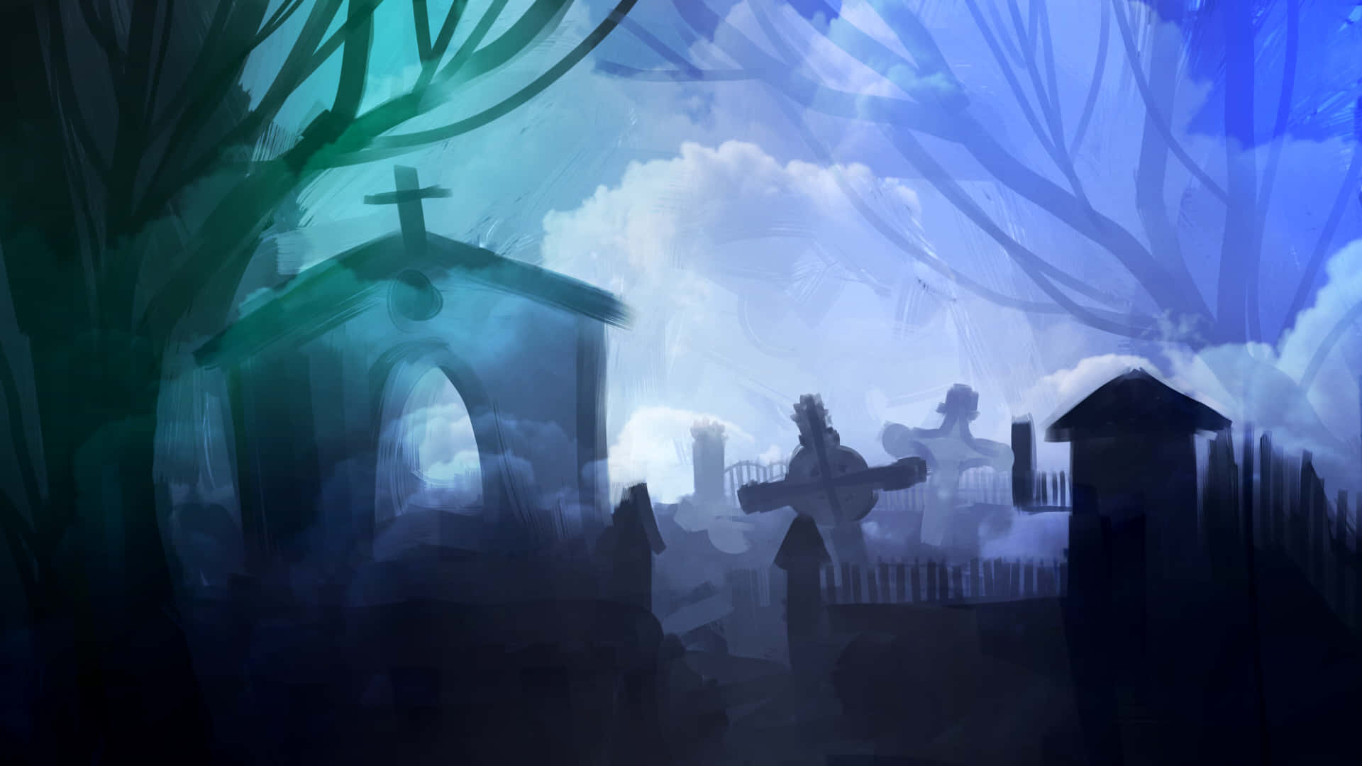 Witching Hour, full moon, misty graveyard, Full HD Desktop Wallpaper