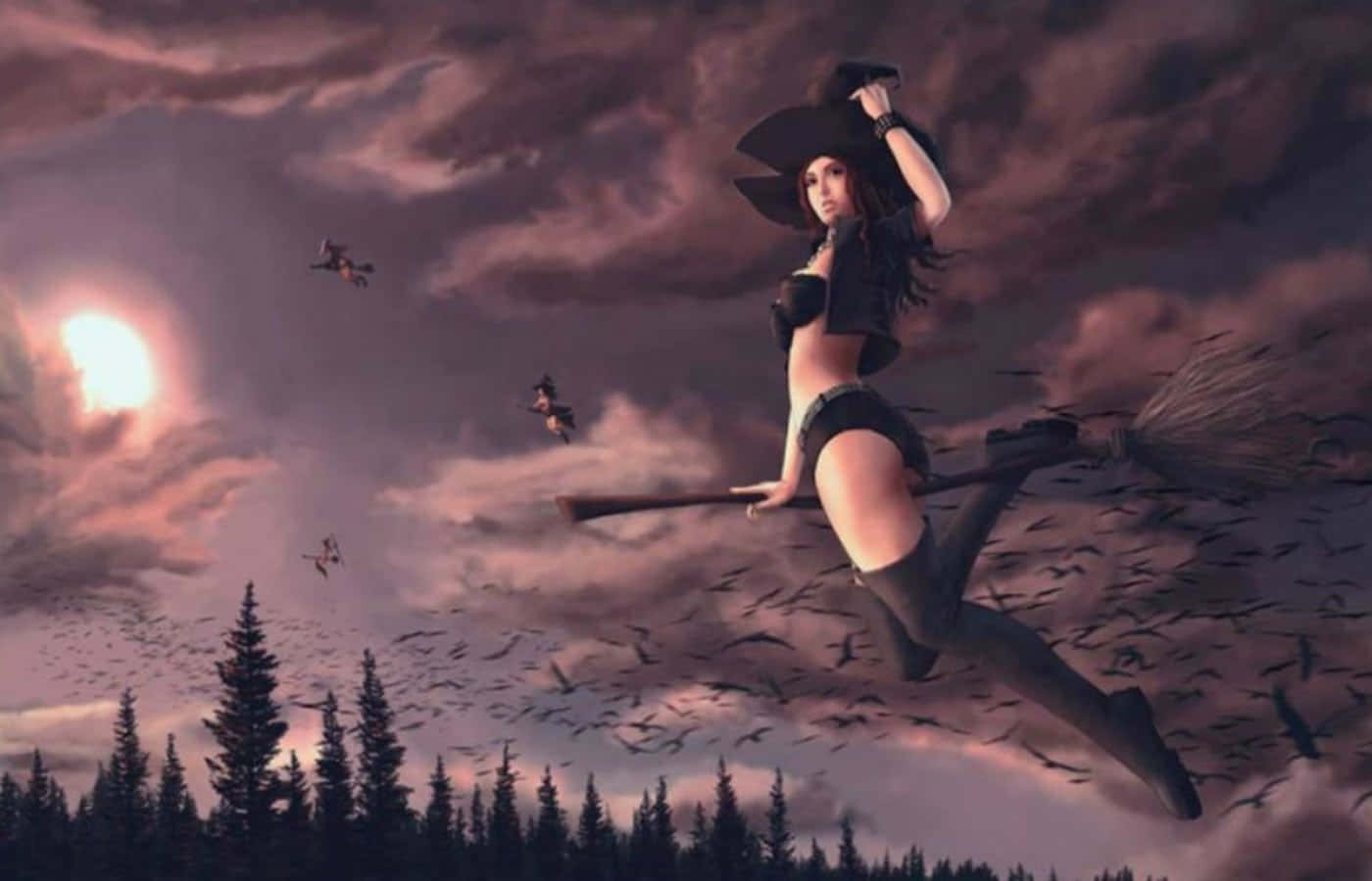 witching hour, black hat, broomstick, HD Desktop Wallpaper