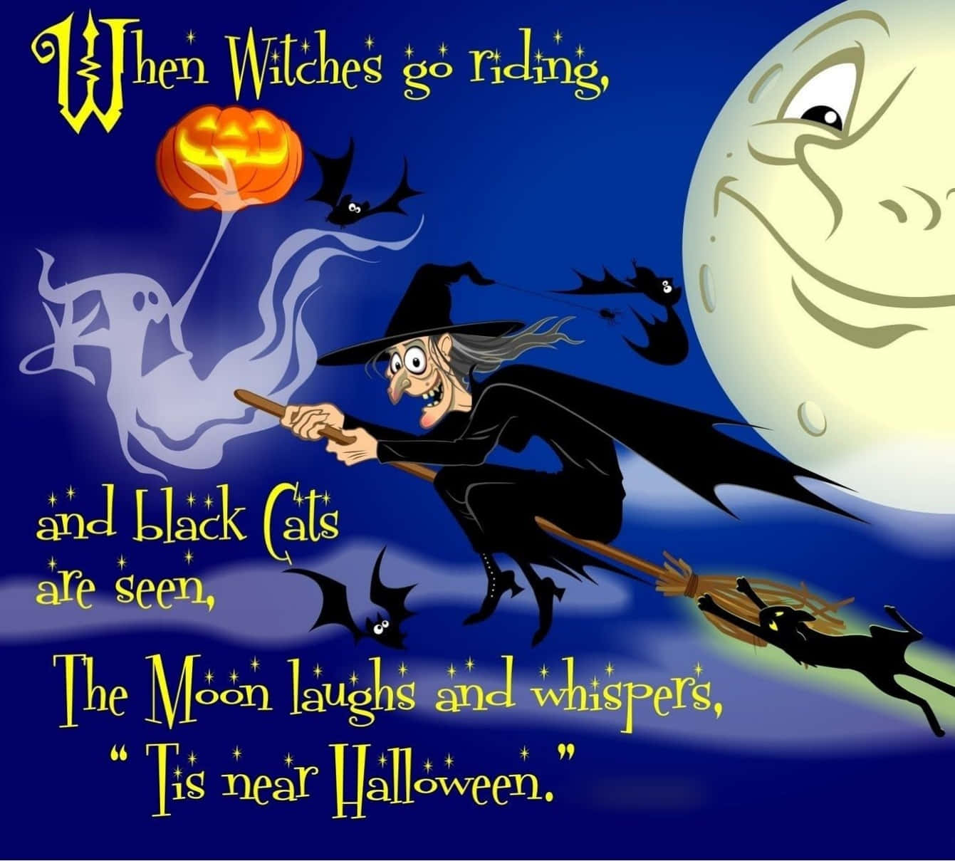 witch, broomstick, smiling moon, HD Desktop Wallpaper
