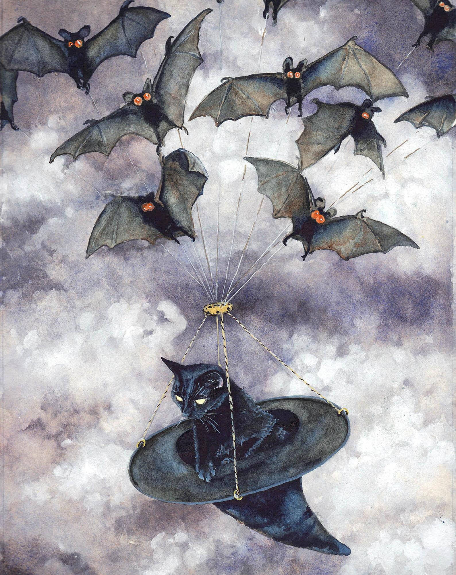 black cat, witch's hat, bats, Full HD Phone Wallpaper