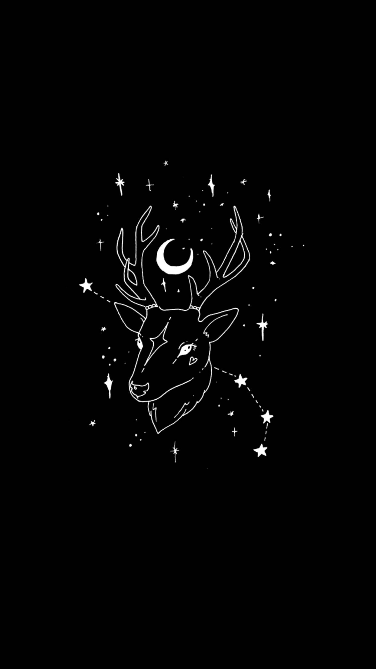 witchy zodiac art, deer head, crescent moon antlers, Full HD Phone Wallpaper