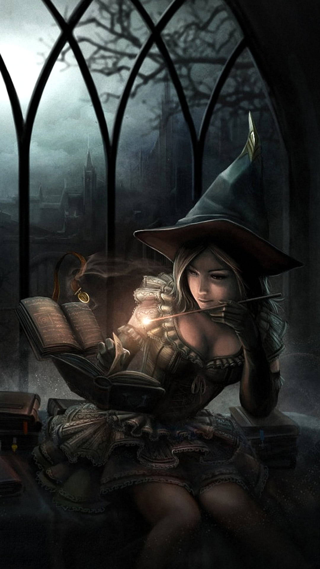 witch, pointed hat, glowing book, Full HD Phone Wallpaper