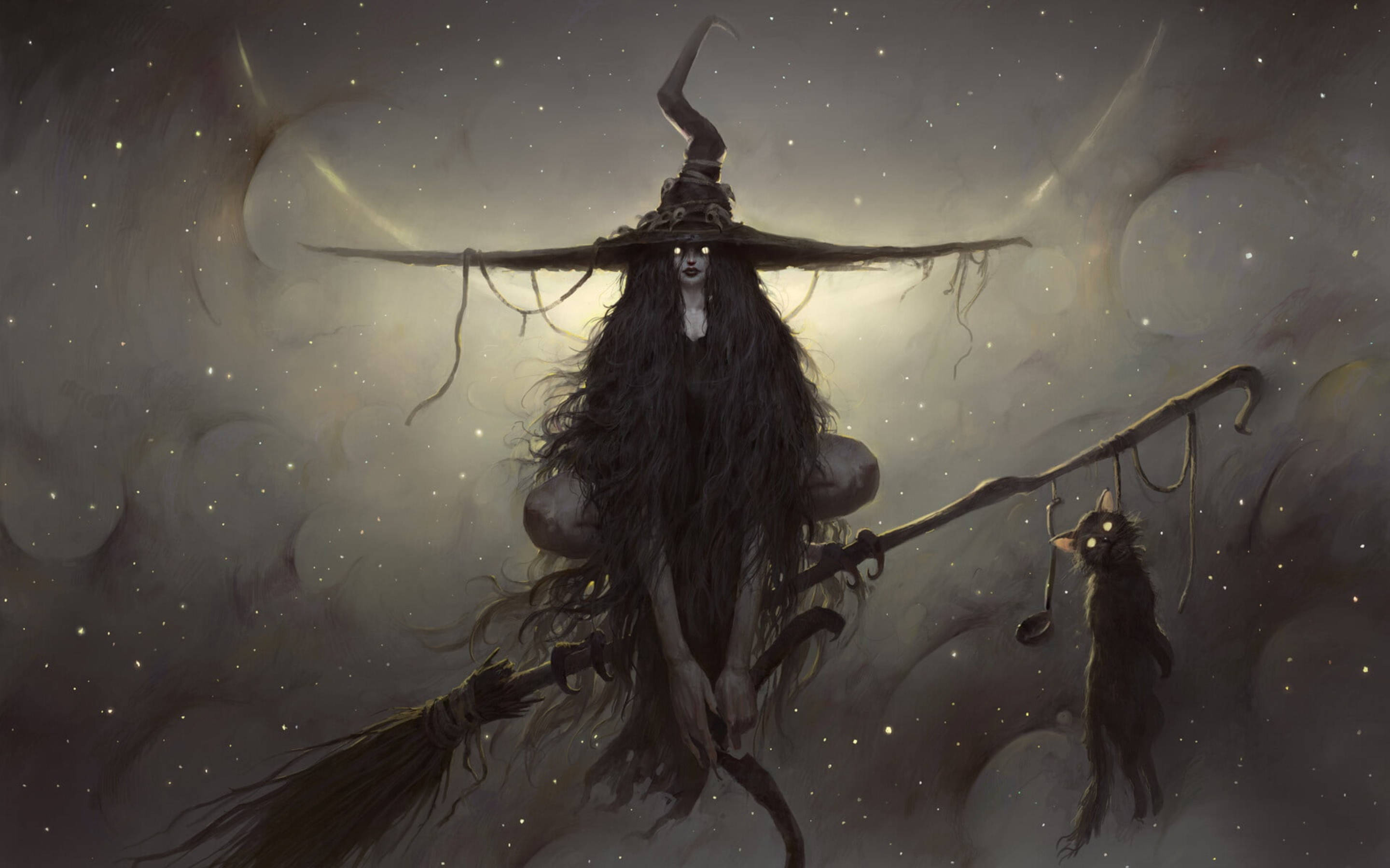 witch, broomstick, starry night sky, 2K Desktop Wallpaper