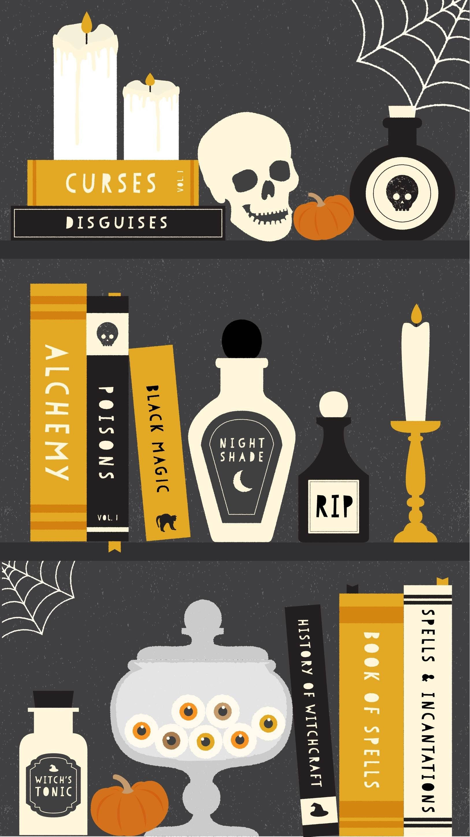 witchy shelf, Halloween-themed books, potions, 2K Phone Wallpaper