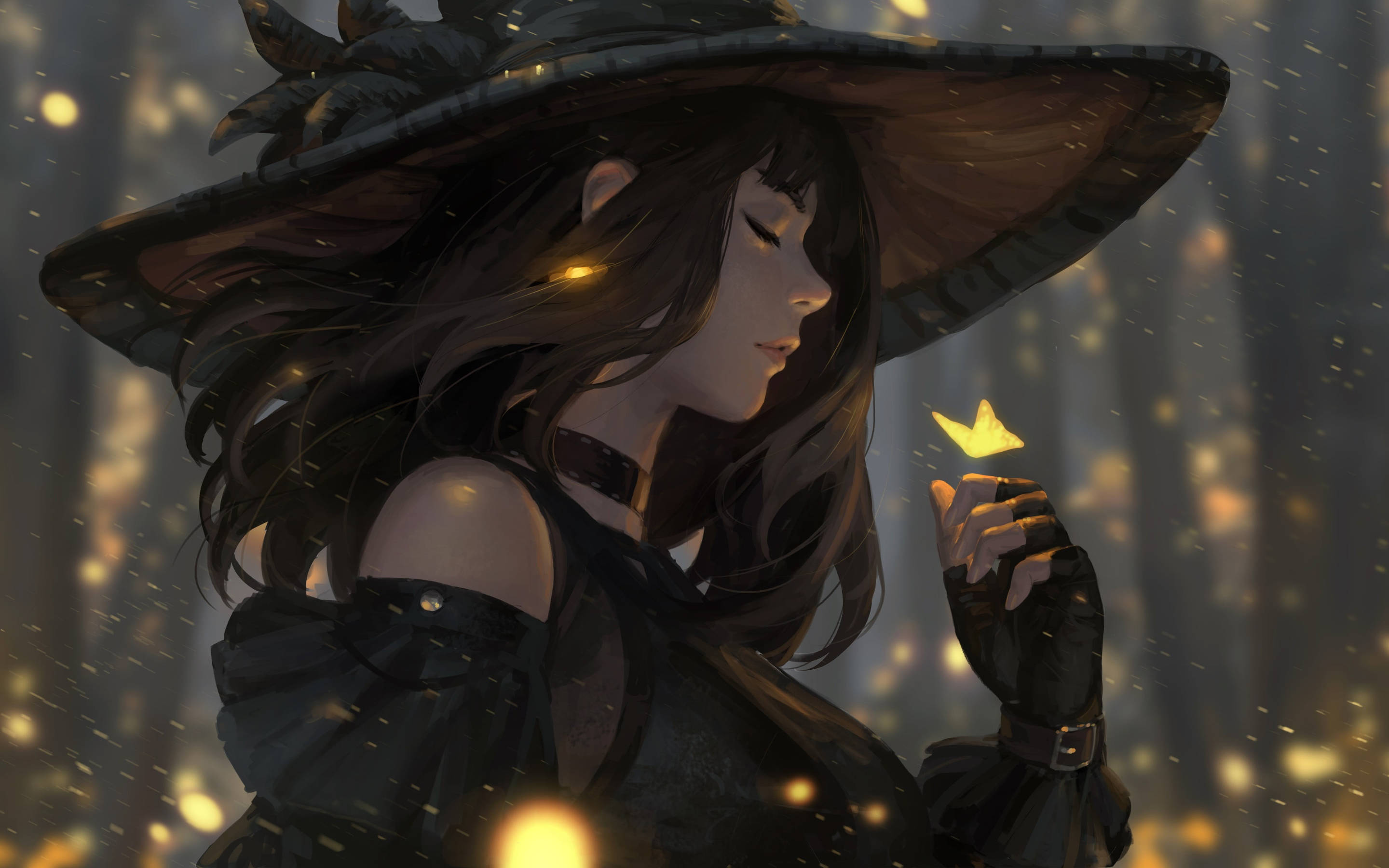 anime witch, wide-brimmed hat, glowing yellow butterfly, 2K Desktop Wallpaper