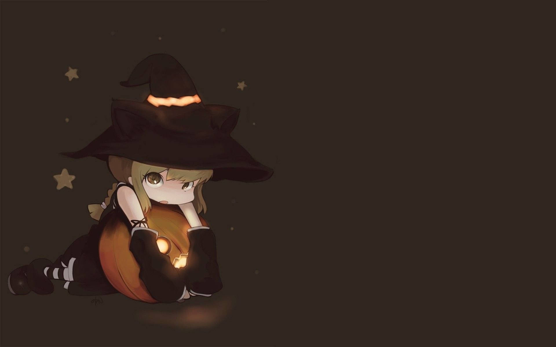 chibi witch, black hat, glowing eyes, Full HD Desktop Wallpaper