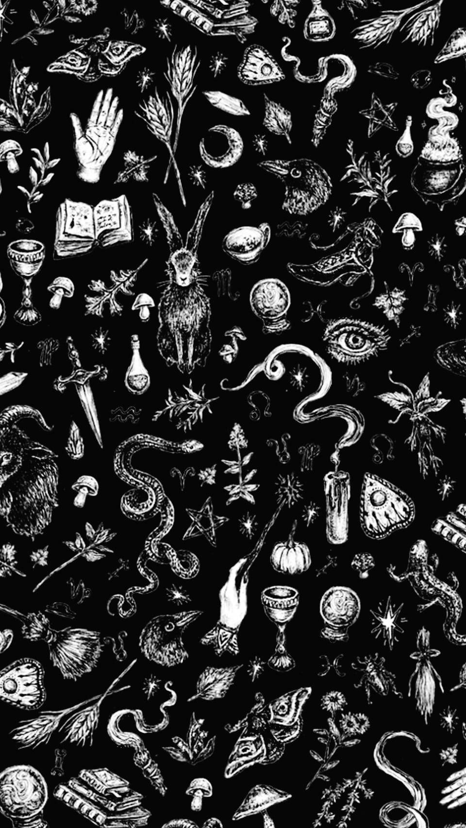 witchy doodle art, iphone screens, black background, HD Phone Wallpaper