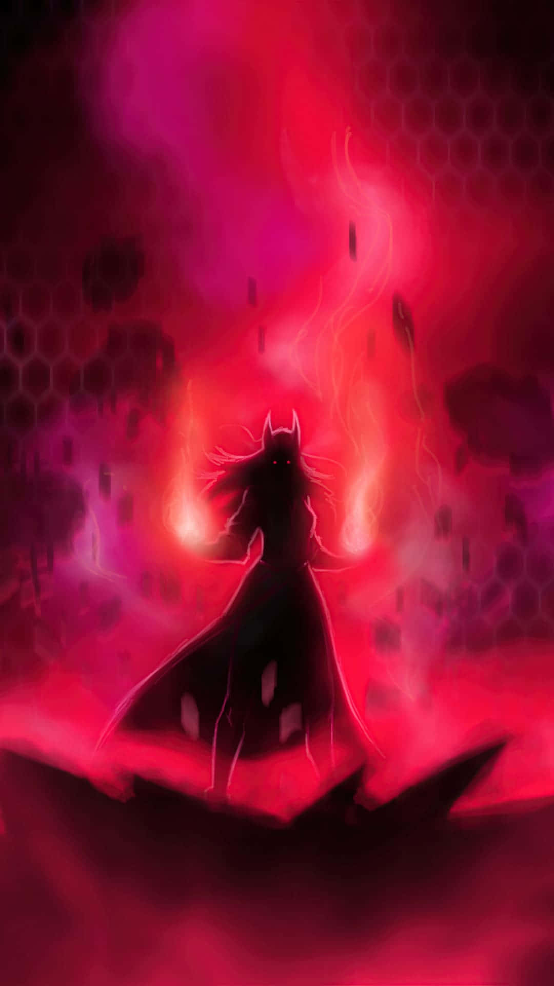 horned figure, glowing red eyes, swirling crimson flames, Full HD Phone Wallpaper