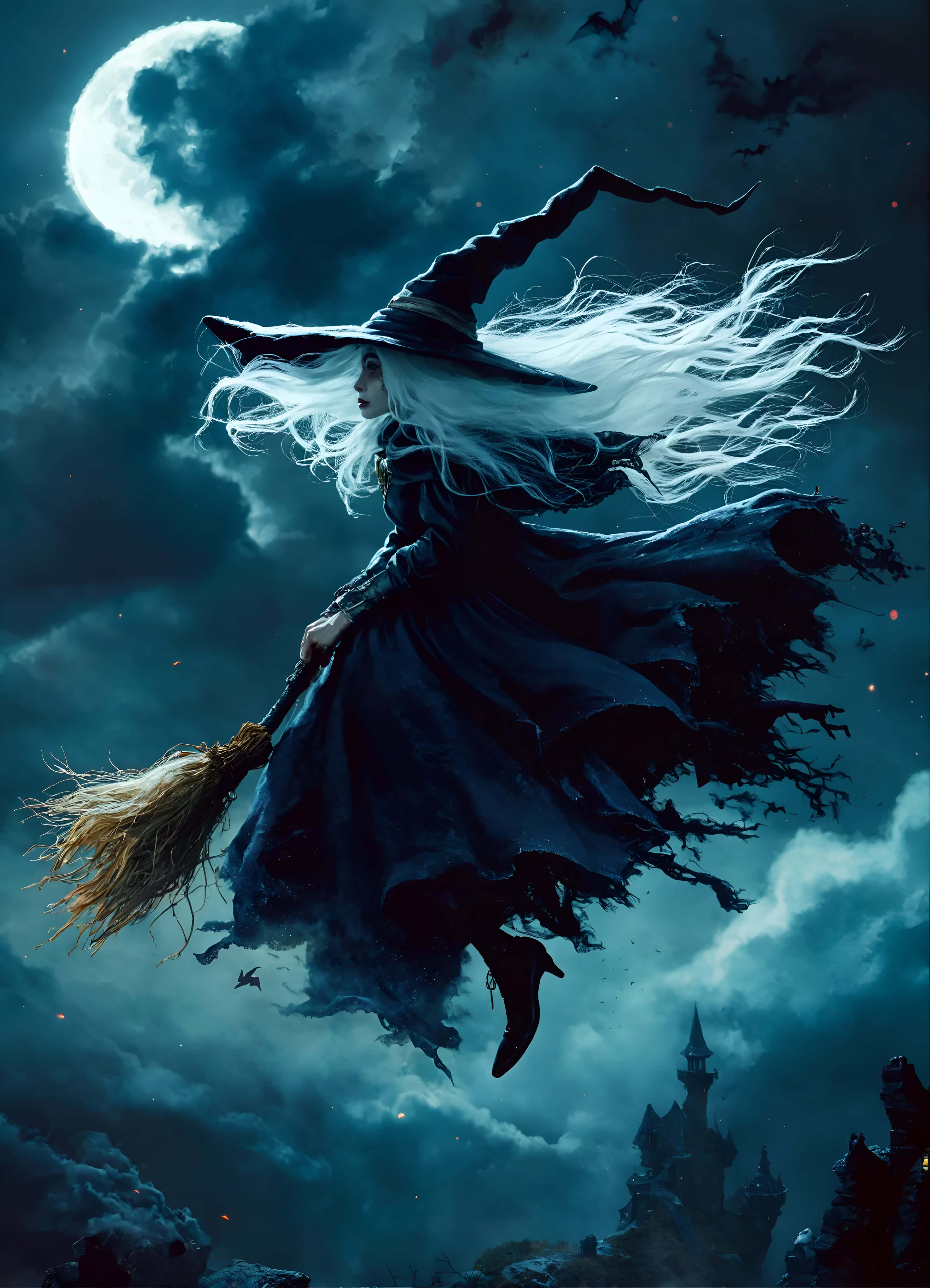 witch, white hair, broomstick, 4K Phone Wallpaper
