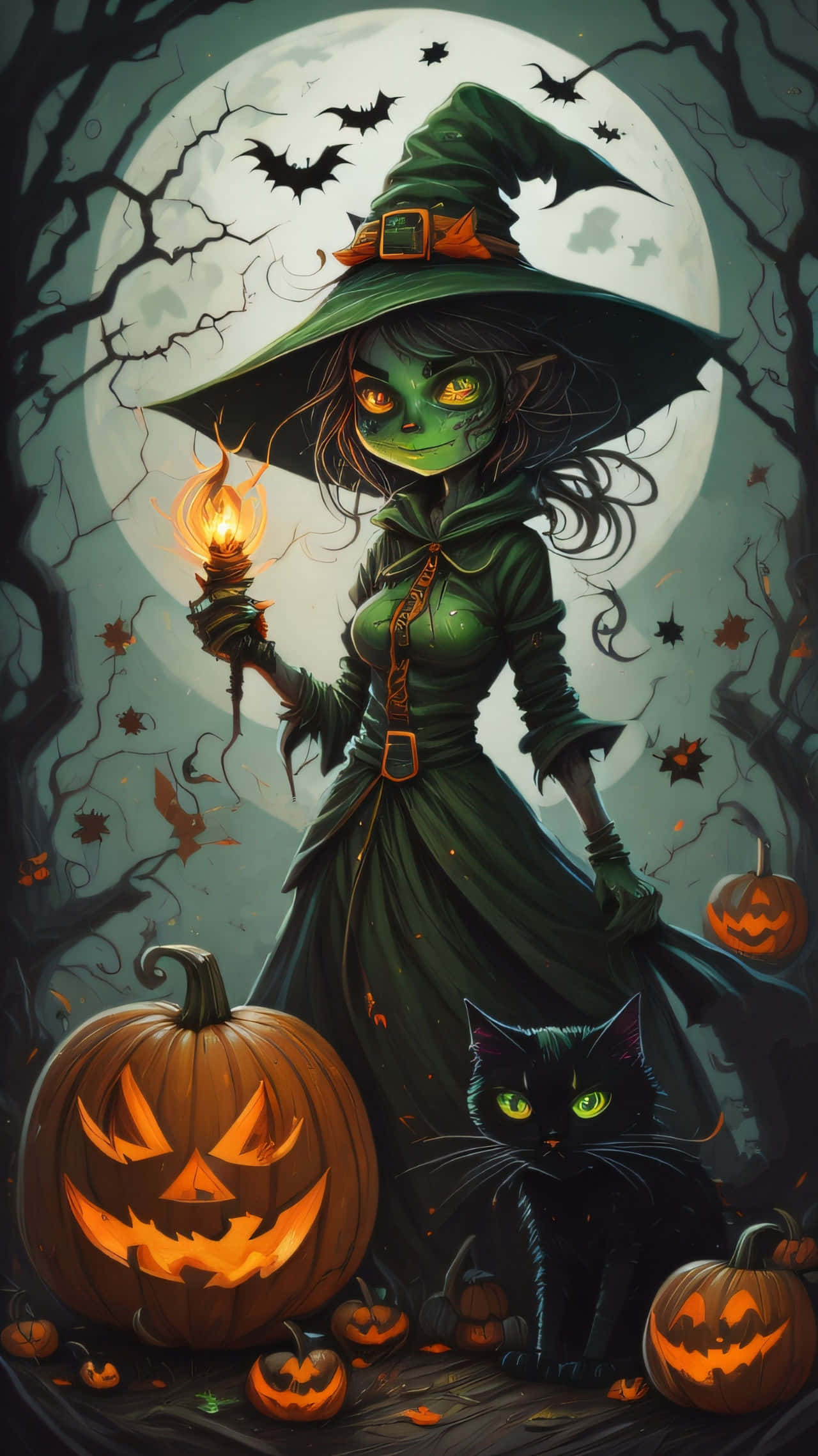 green-skinned witch, pointed hat, torch, Full HD Phone Wallpaper