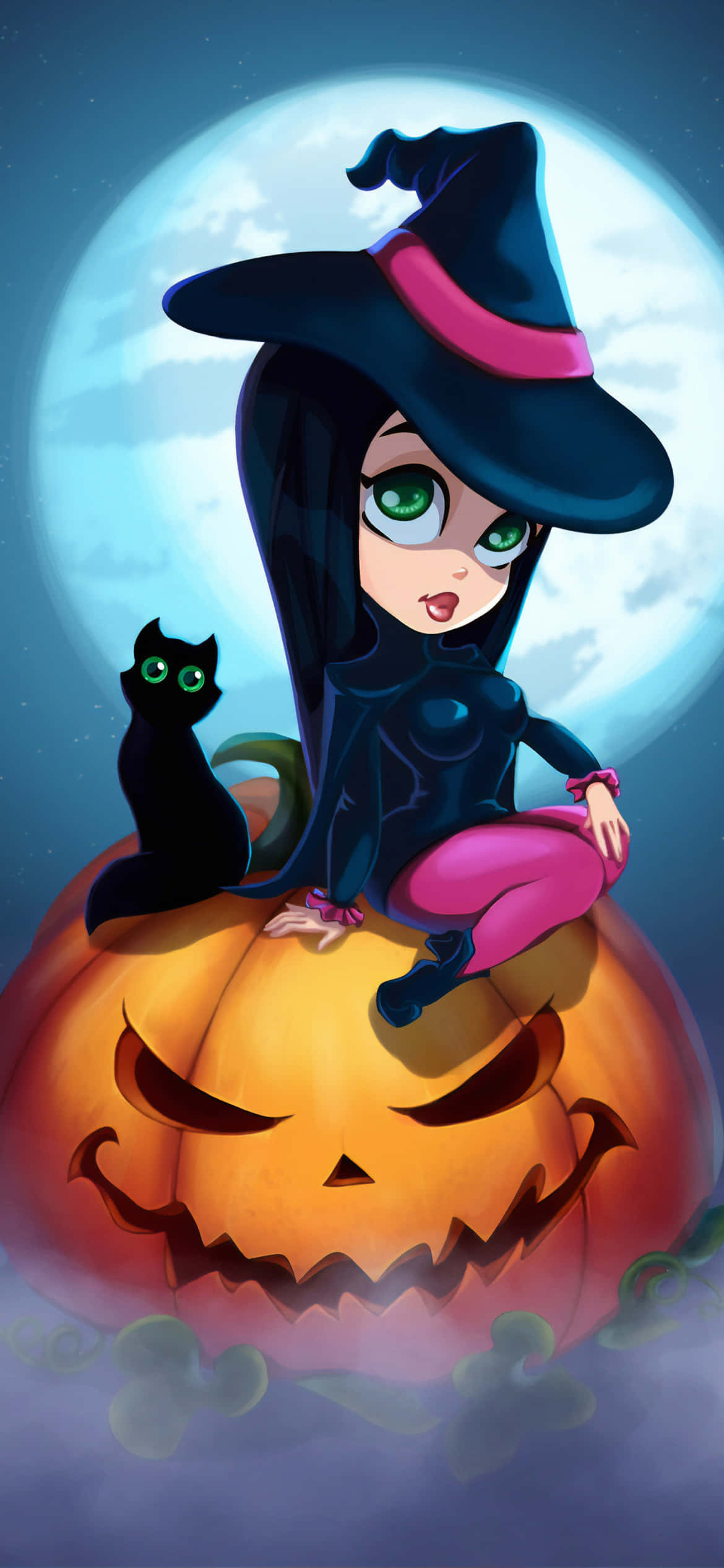 enchanted halloween witchand caton pumpkin, anime witch, green eyes, Full HD Phone Wallpaper