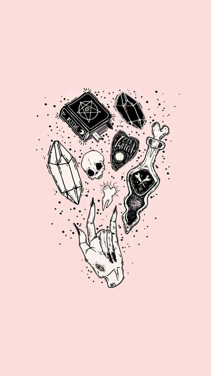 Witchy Phone, black ink illustration, occult symbols, HD Phone Wallpaper