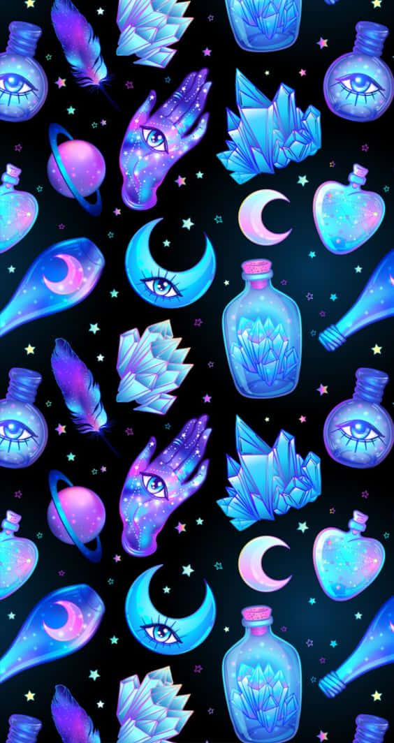 glowing blue, purple mystical symbols, eye bottles, SD Phone Wallpaper