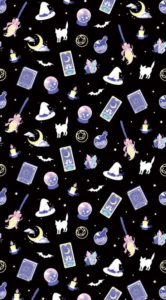 witch hats, crescent moons, bats, SD Phone Wallpaper