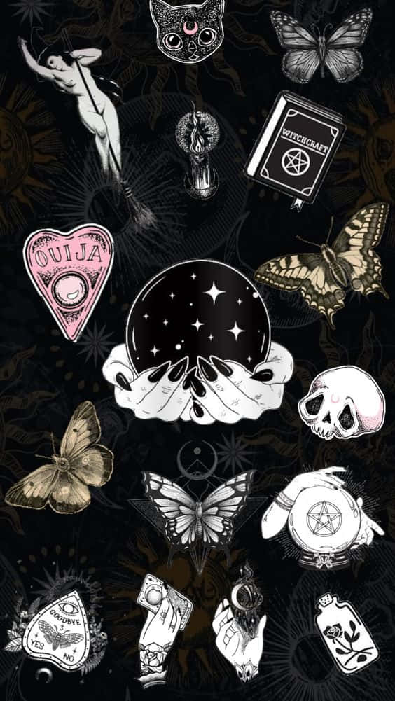 mystical witchcraft collage, occult symbols, butterflies, SD Phone Wallpaper