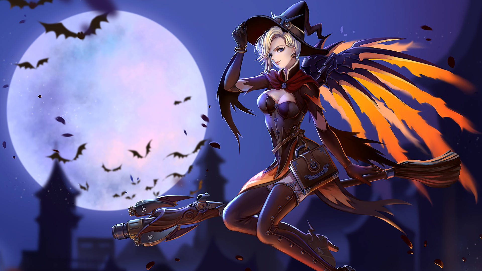witchy anime girl, broomstick, full moon, Full HD Desktop Wallpaper