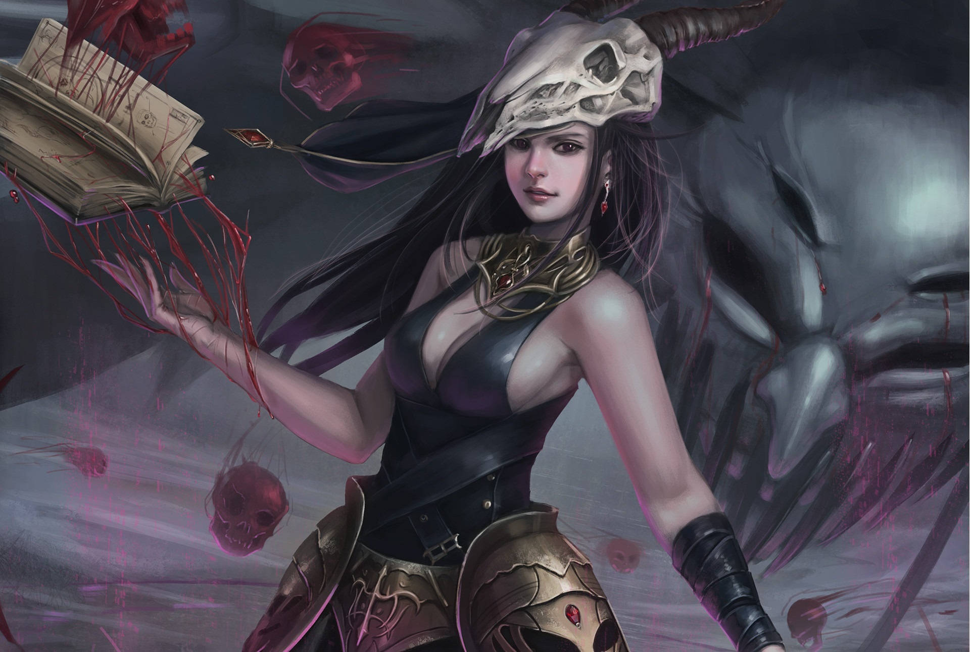 Witchy, skull helmet, blood-splattered book, Full HD Desktop Wallpaper