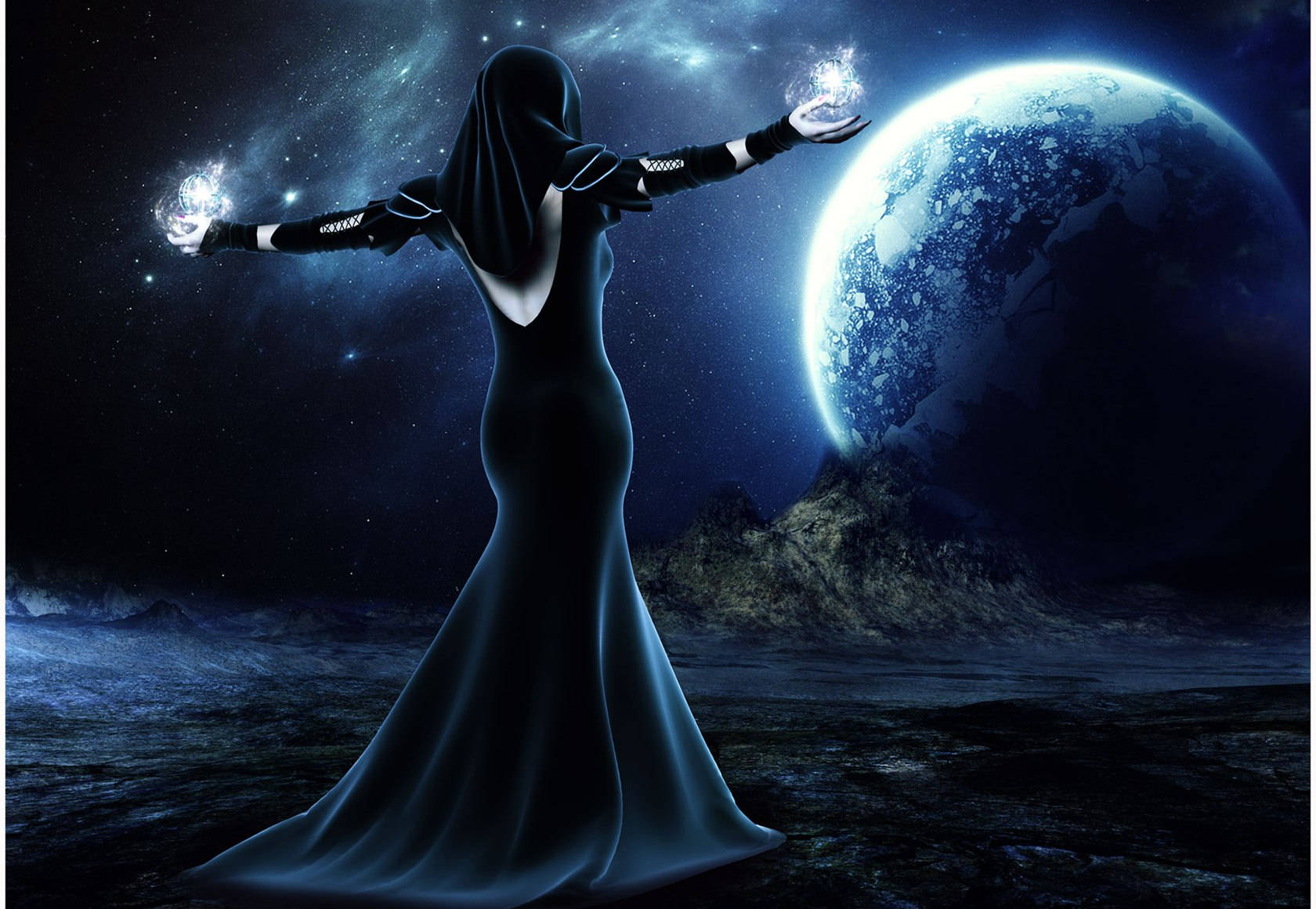 Witchy, full moon, cloaked figure, HD Desktop Wallpaper