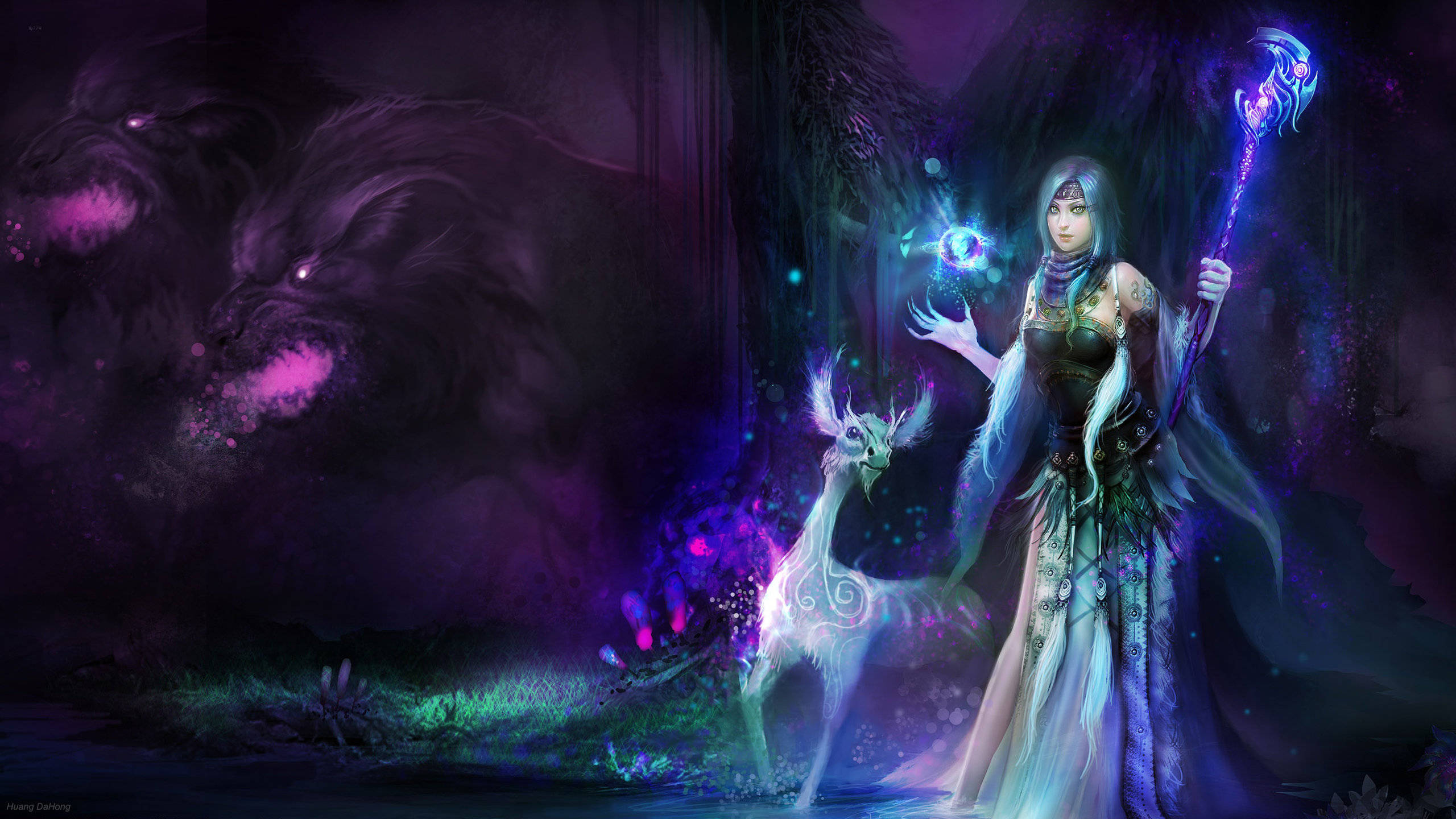 Witchy, glowing staff, spectral deer, 2K Desktop Wallpaper