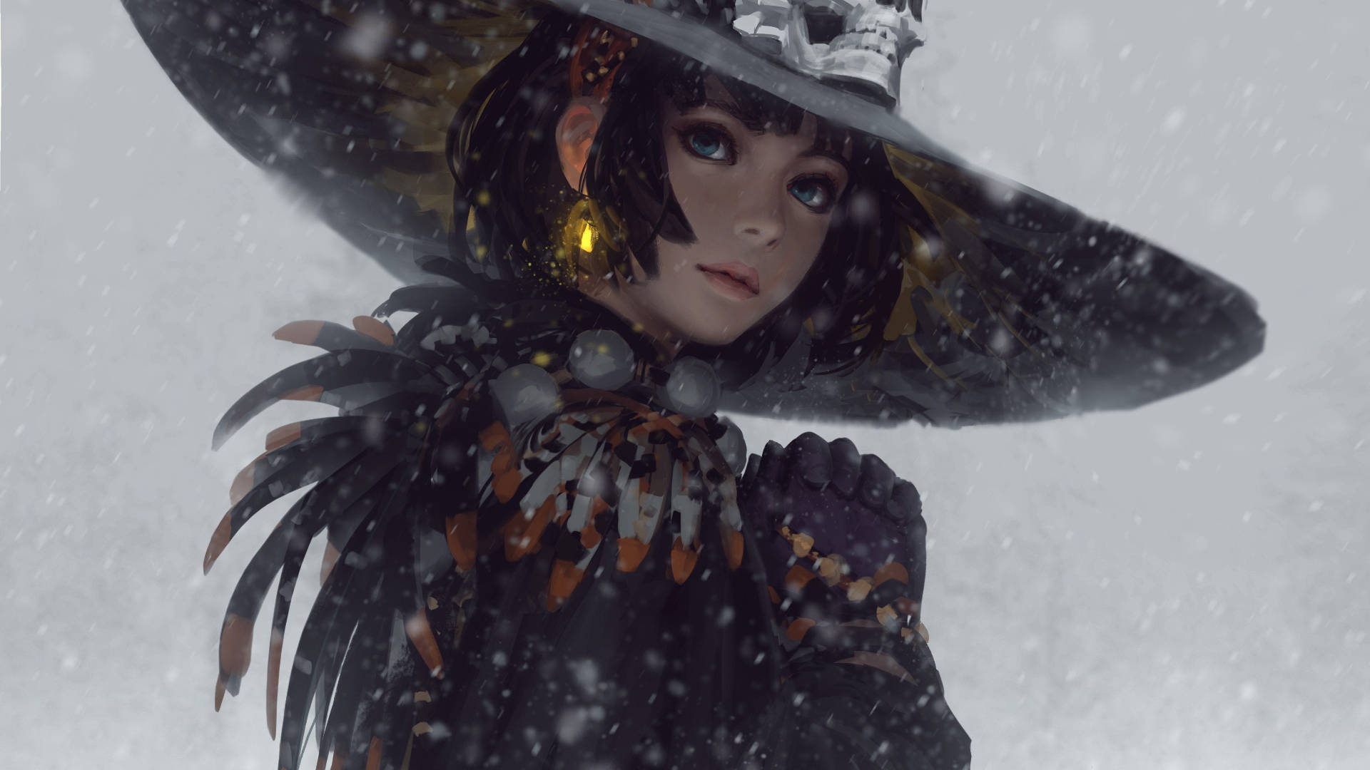 witchy anime girl, snow, blue eyes, Full HD Desktop Wallpaper
