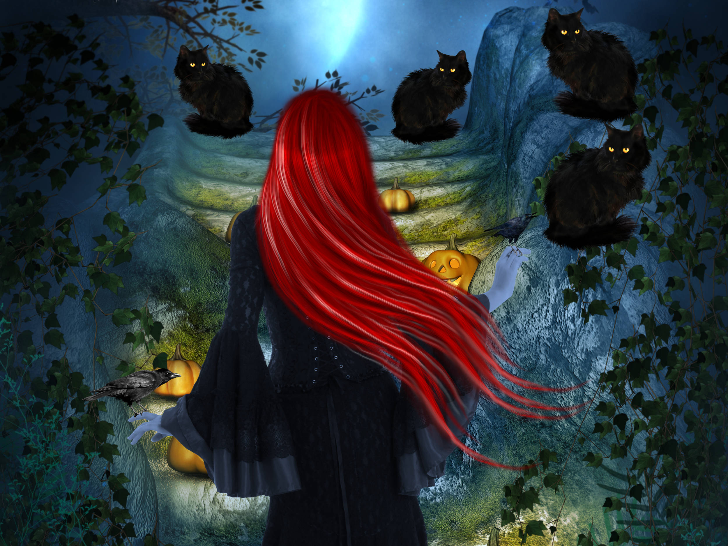 Witchy Red Head, red-haired witch, black gown, Full HD Desktop Wallpaper