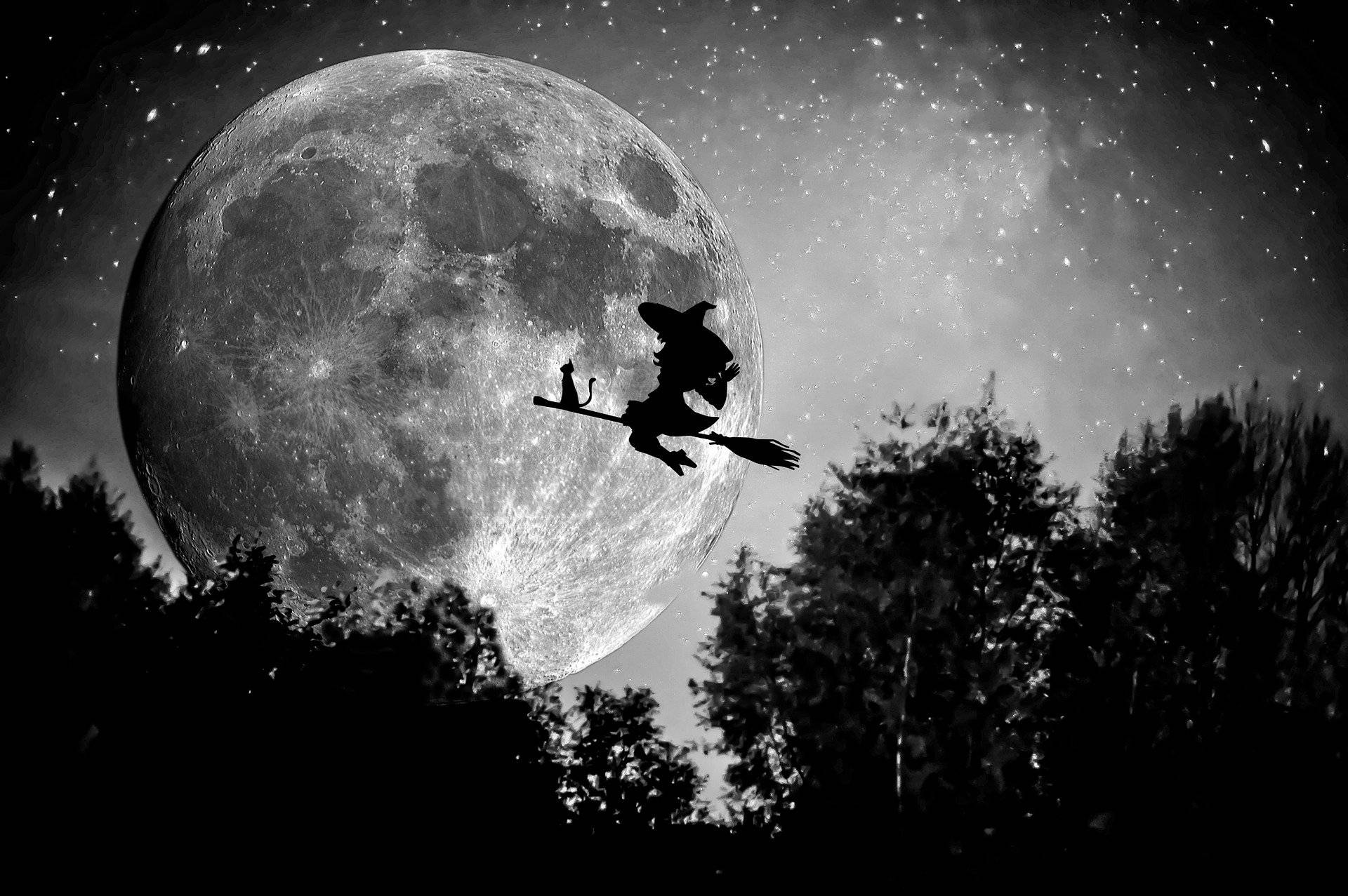 witch, broomstick, giant moon, Full HD Desktop Wallpaper