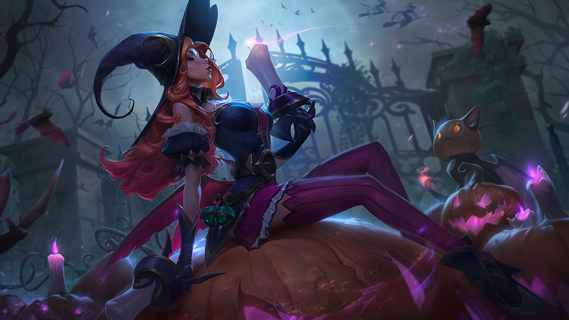 witch, red hair, black hat, Full HD Desktop Wallpaper