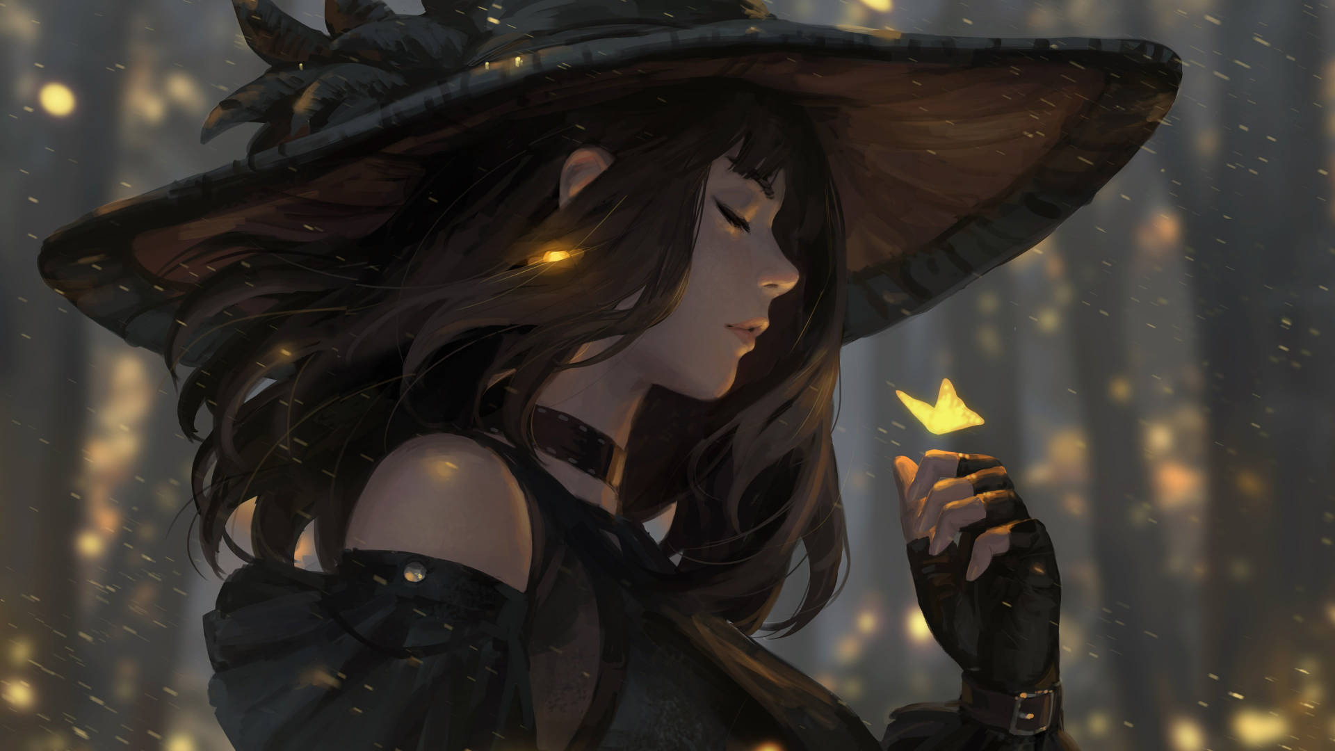 Witchy Butterfly Glow, glowing leaf, golden particles, Full HD Desktop Wallpaper