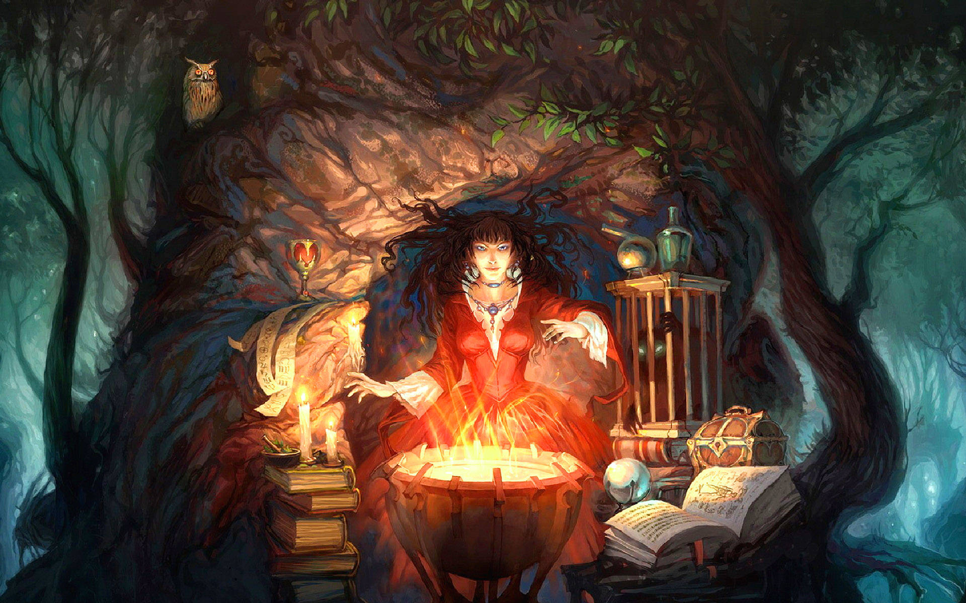witchy magic cauldron, witch, dark hair, Full HD Desktop Wallpaper