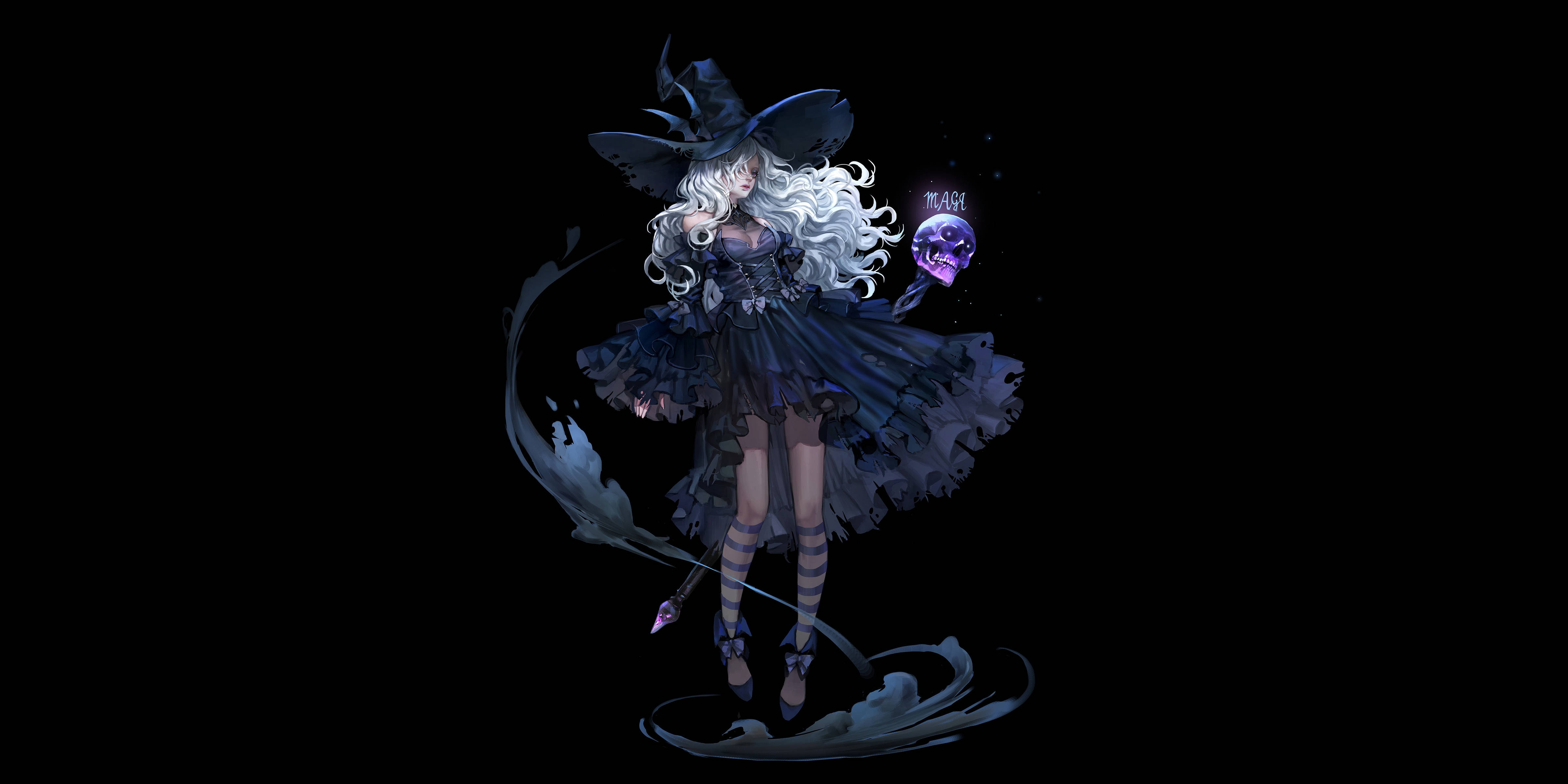 anime witch, flowing white hair, black ruffled dress, 4K Desktop Wallpaper