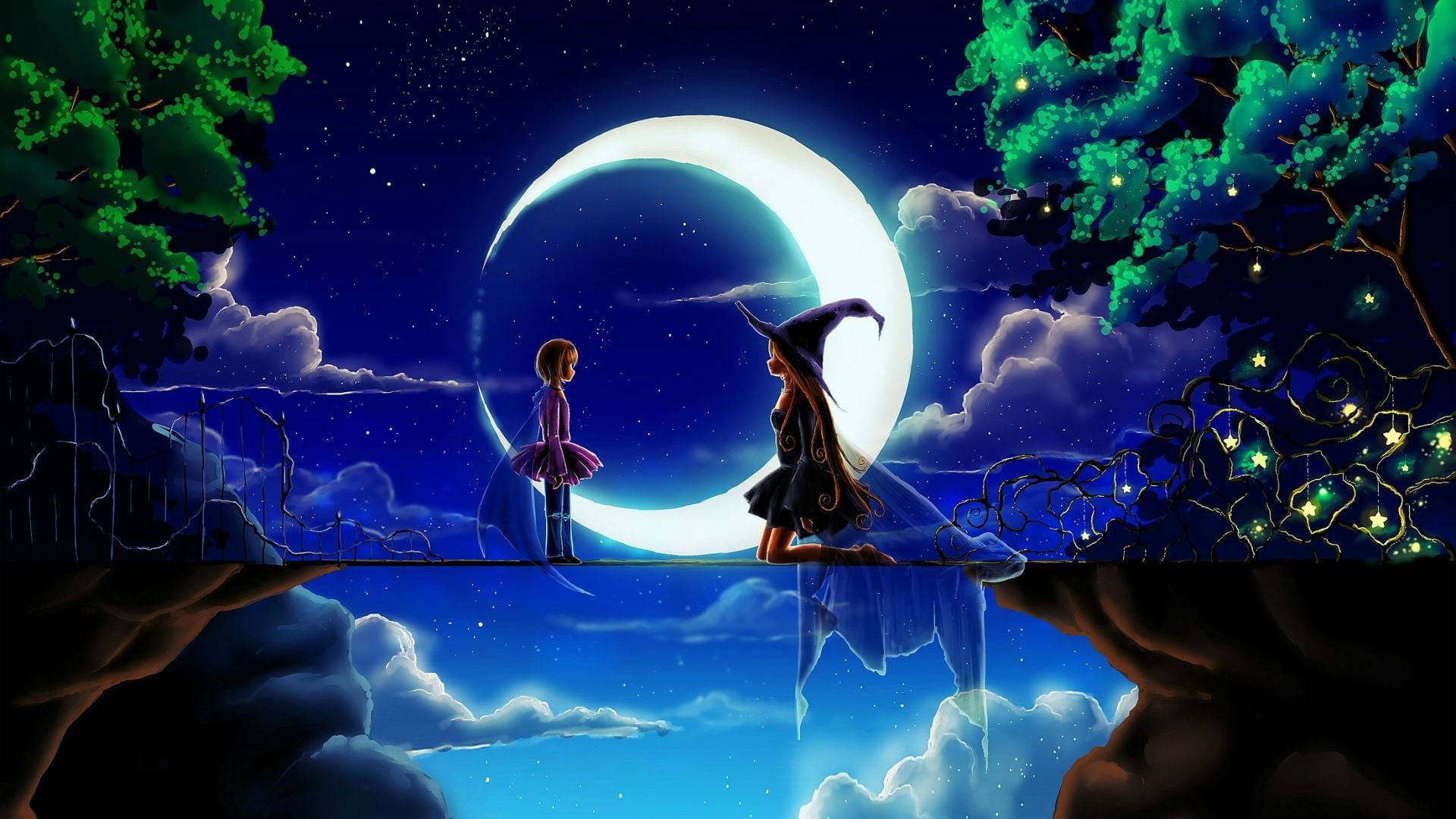 Witchy, waxing crescent moon, glowing crescent moon bridge, Full HD Desktop Wallpaper