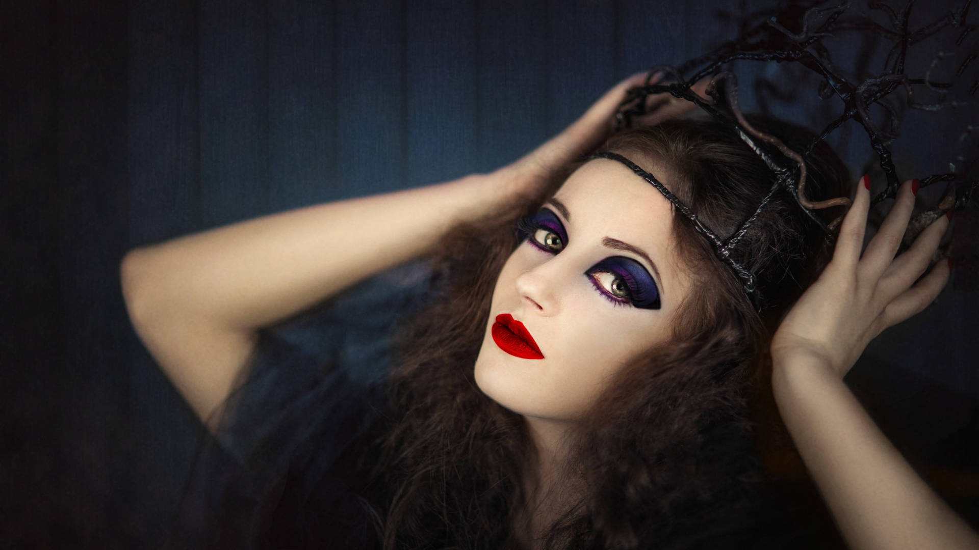 dark witchy makeup, red lips, shadowy blue background, Full HD Desktop Wallpaper