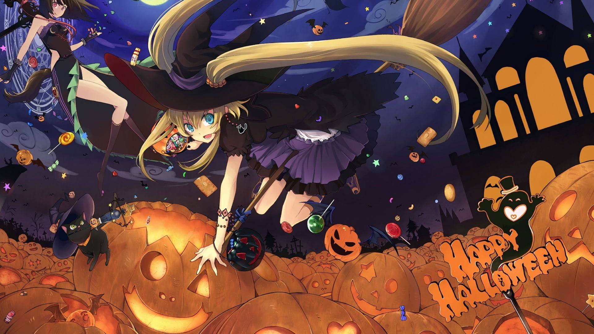 Witchy Halloween, anime witch, long blonde hair, Full HD Desktop Wallpaper