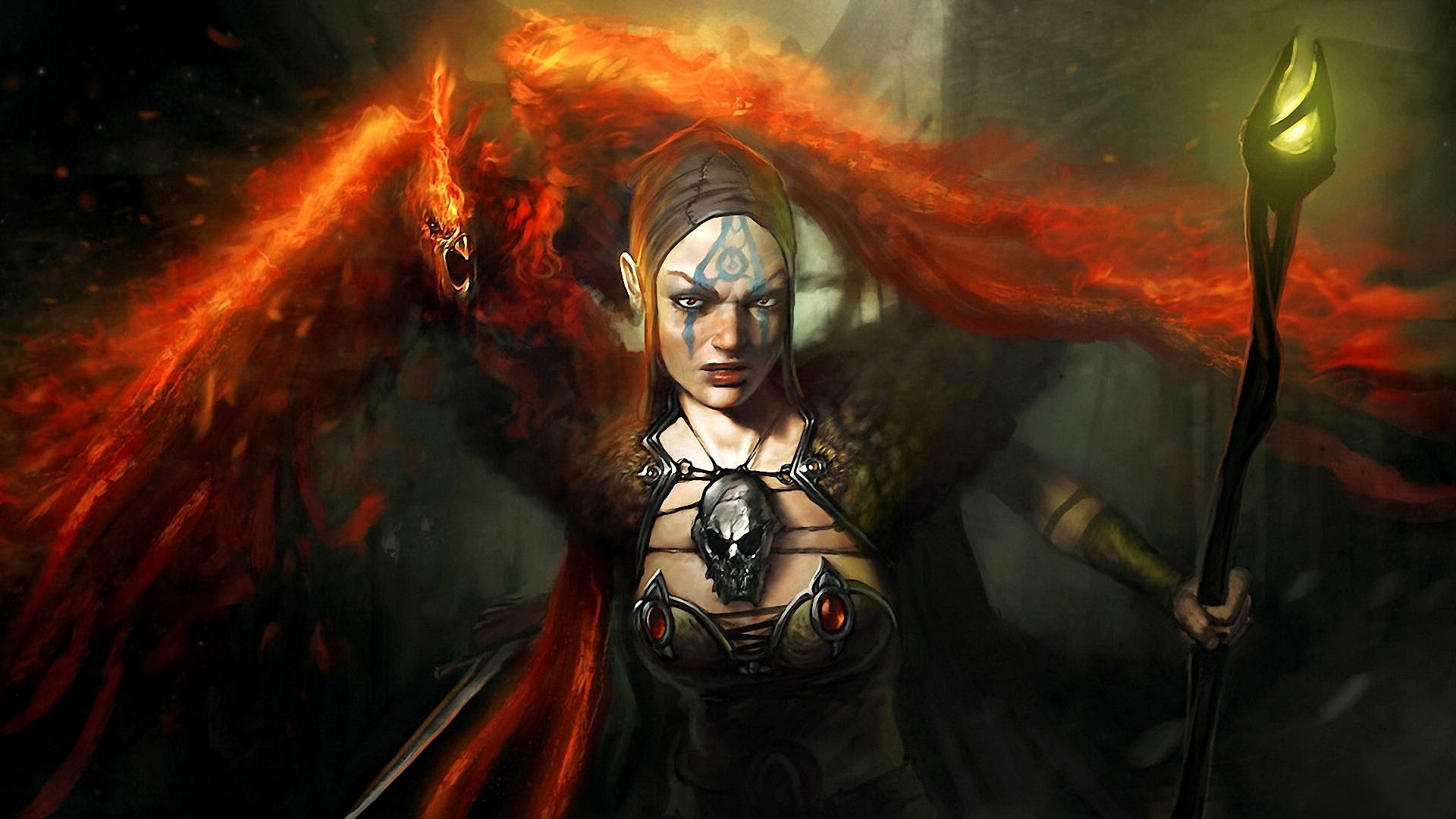 witchy face tattoo, fierce fantasy warrior, fiery wings, Full HD Desktop Wallpaper
