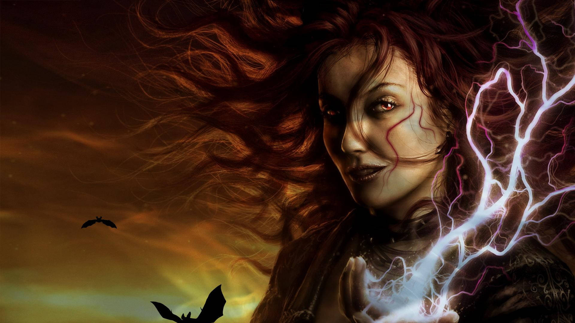 Witchy Thunderstorm Magic, mystical woman, flowing red hair, Full HD Desktop Wallpaper